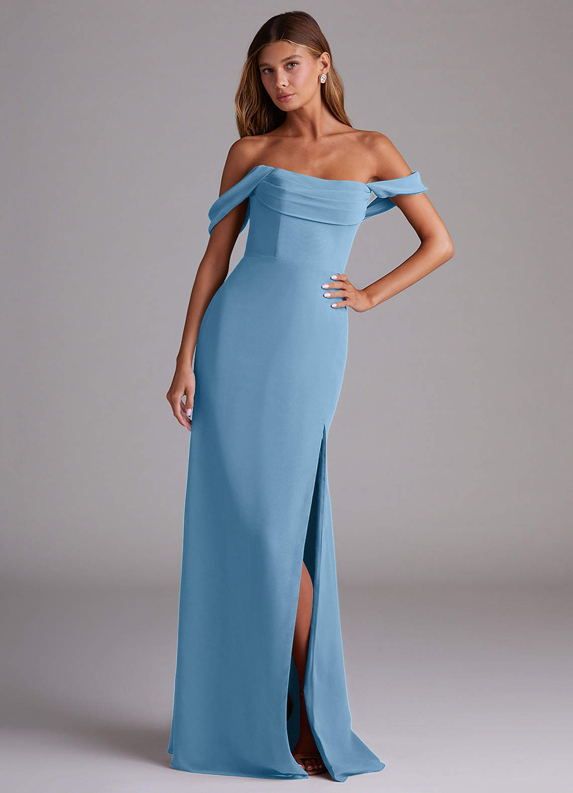 Azazie Saige Bridesmaid Dresses Steel Blue A-Line Off the Shoulder Chiffon Convertible Dress image3
