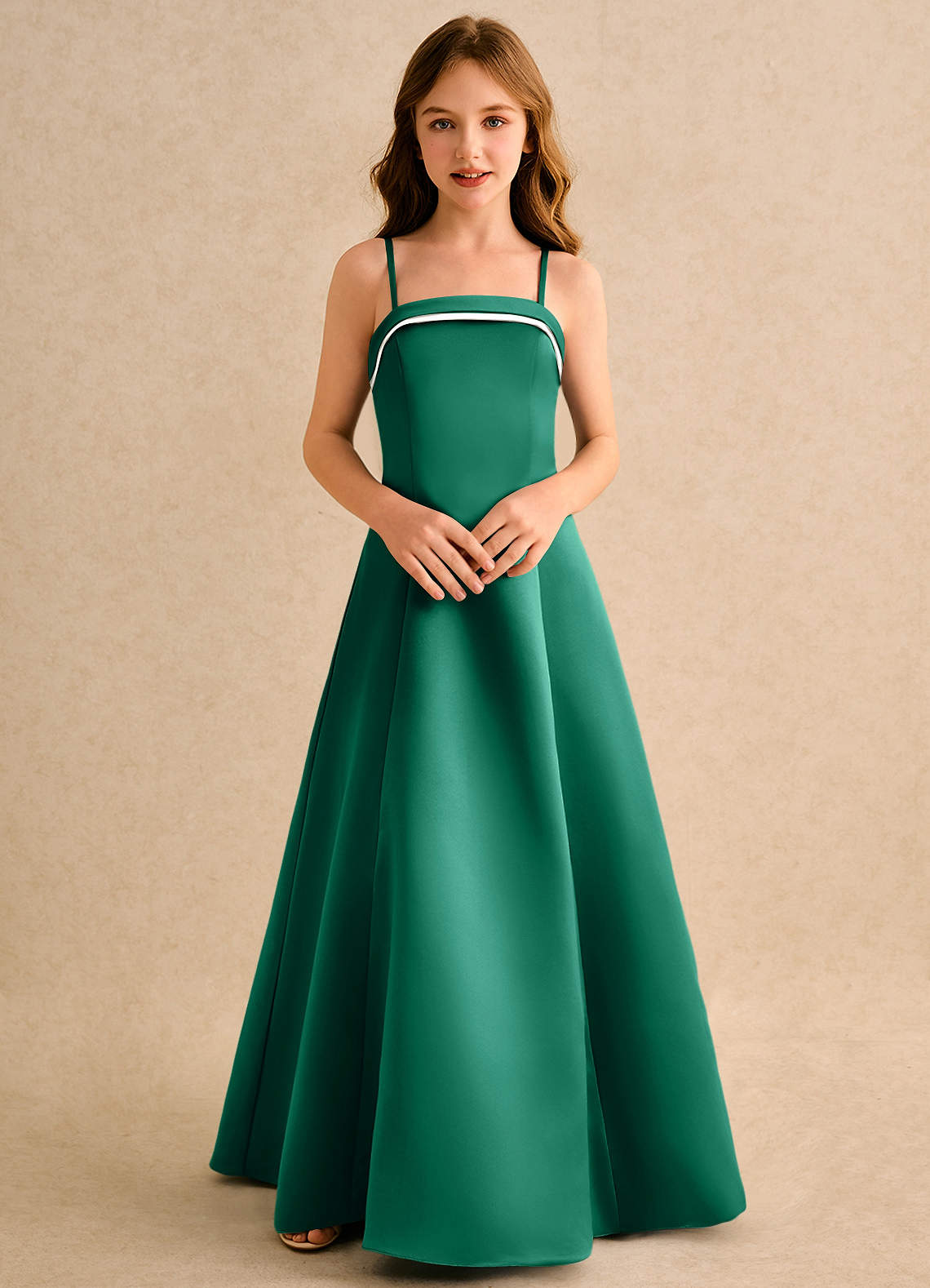 Azazie Izel Girls Formal vestidos de niña de las flores Vestido de Marfil Esmeralda de Satin Mate de Corte en A con Plisado image5