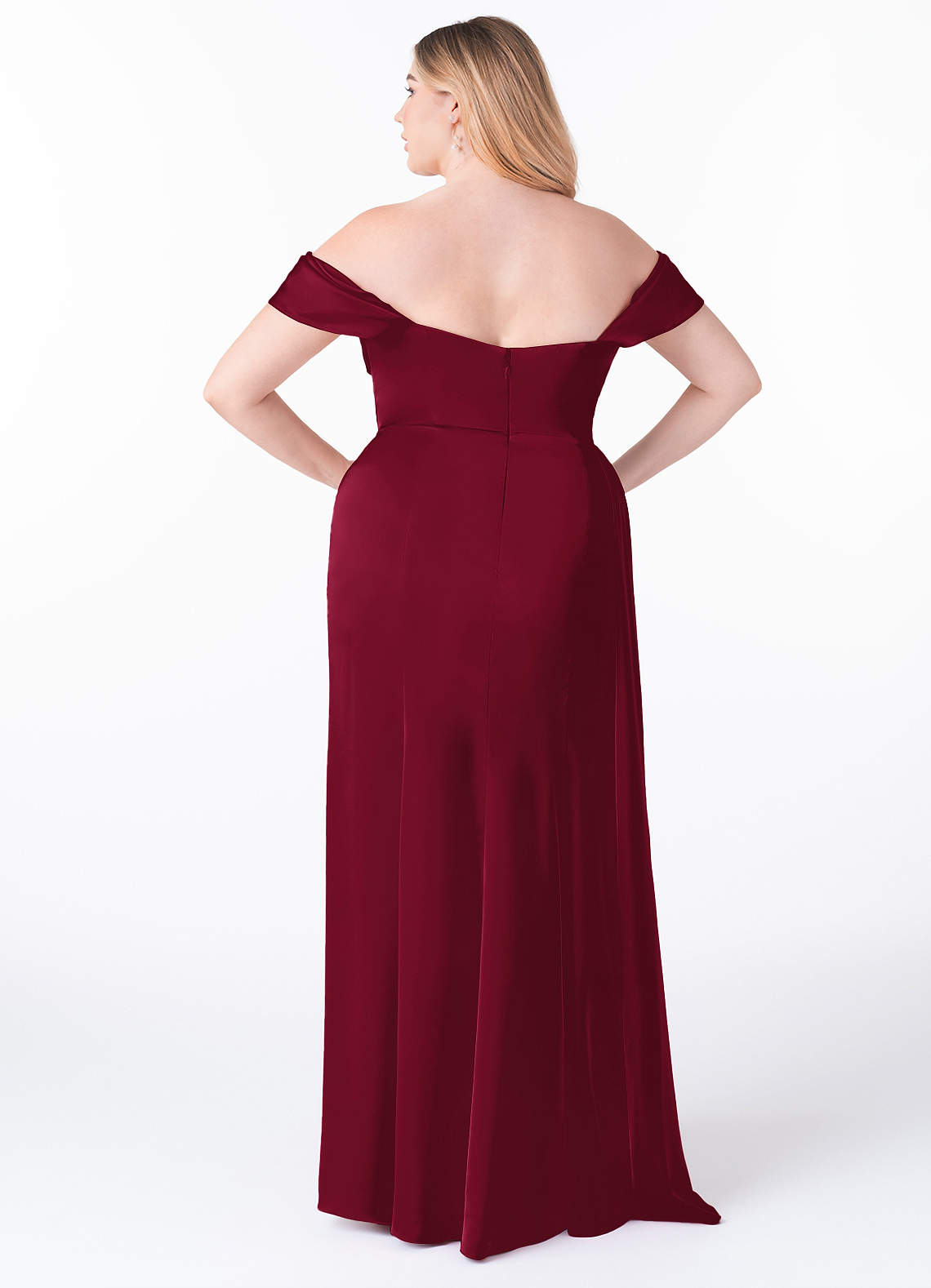 Azazie Amyra At-home Try On Dresses Burgundy Sheath Off the Shoulder Stretch Satin Convertible Dress image10