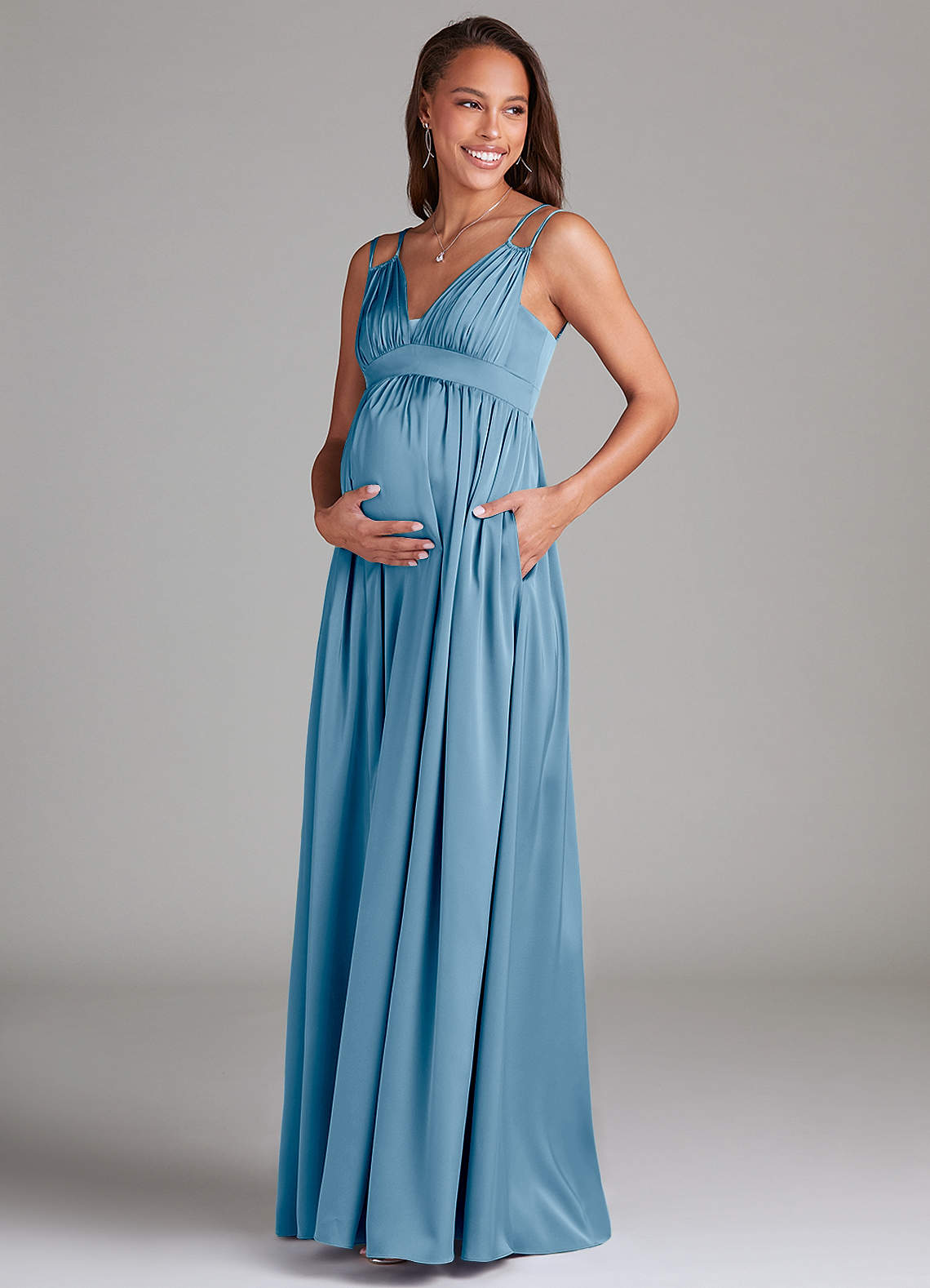 Azazie Emree Maternity Bridesmaid Dresses A-Line Stretch Satin Floor-Length Dress with Pockets image2