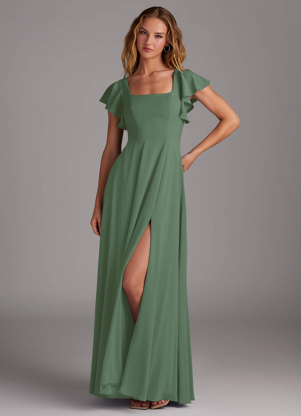 Azazie Bondi Bridesmaid Dresses Eucalyptus A-Line Side Slit Stretch Chiffon Dress image1