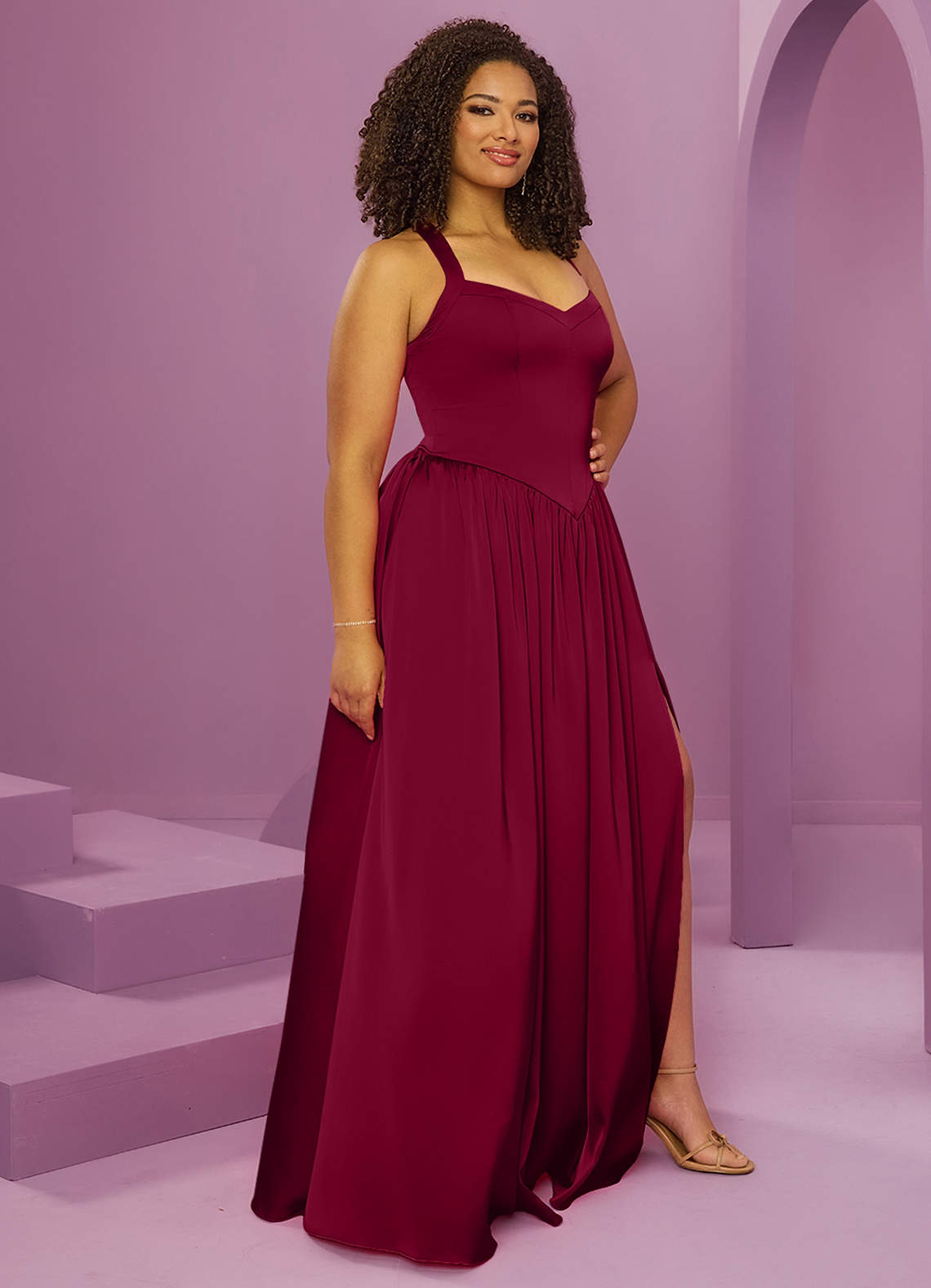 Barbie ♥ Azazie Bridesmaid Dresses Burgundy A-Line with Pockets Stretch Satin Dress image11