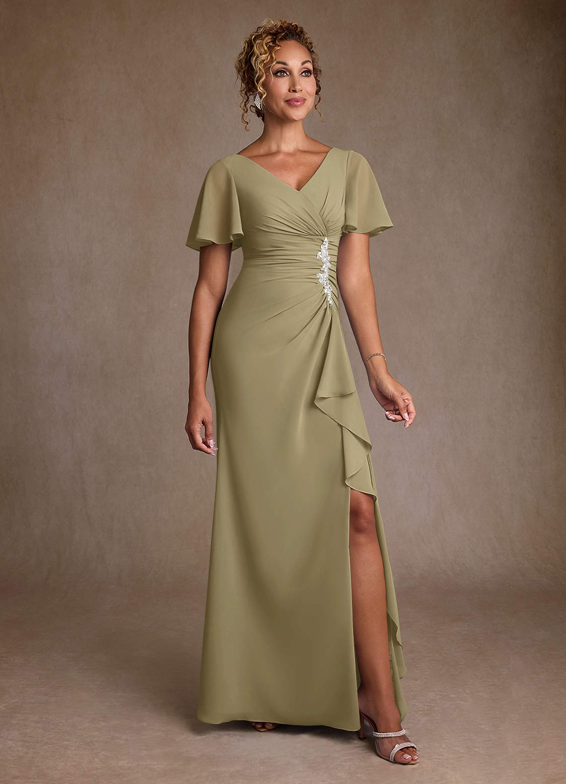 Azazie Suffolk Mother of the Bride Dresses Moss Green A-Line Pleated Chiffon Dress image1
