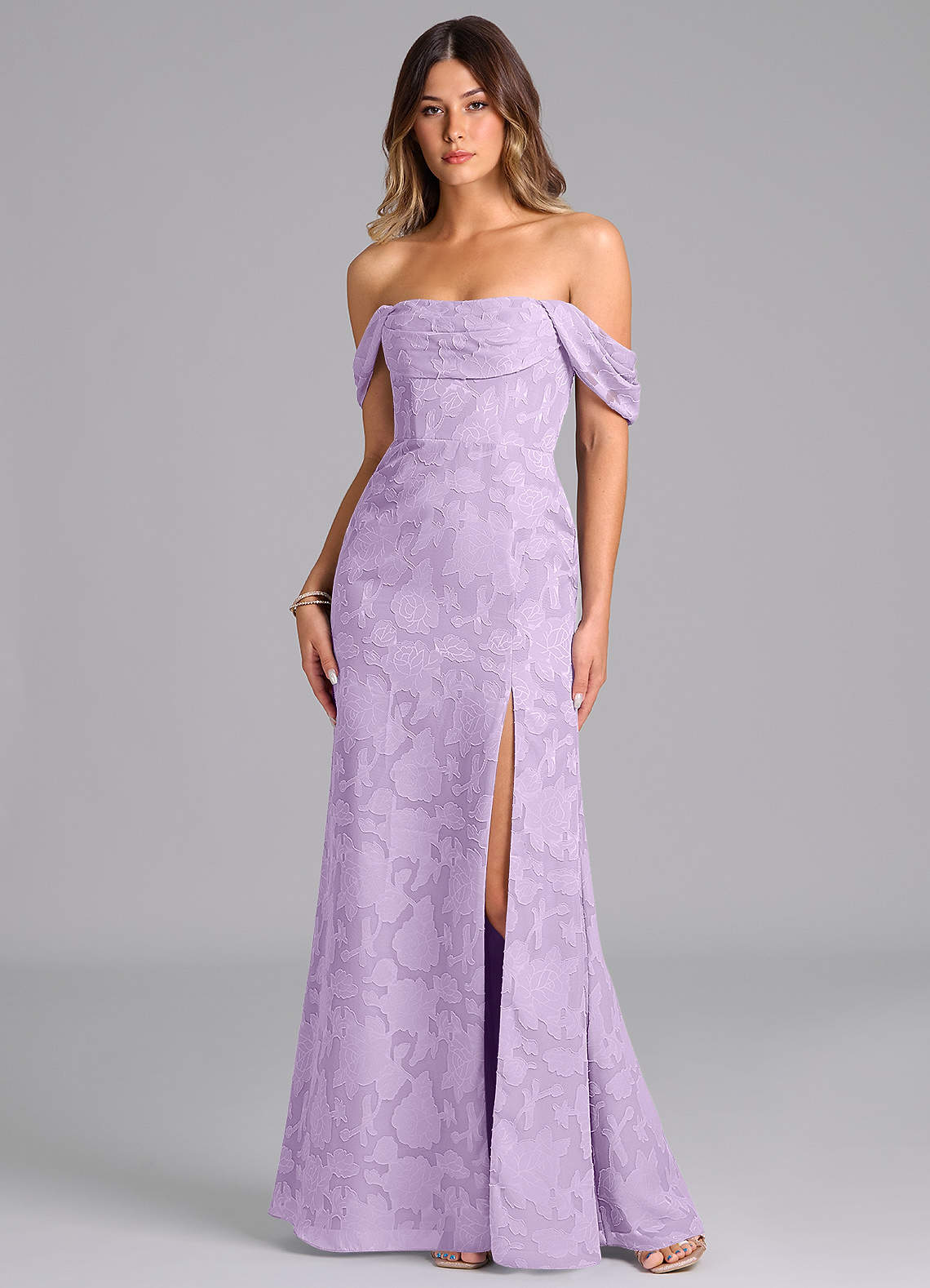 Azazie Saige Bridesmaid Dresses Lilac A-Line Off the Shoulder Floral Burnout Convertible Dress image1