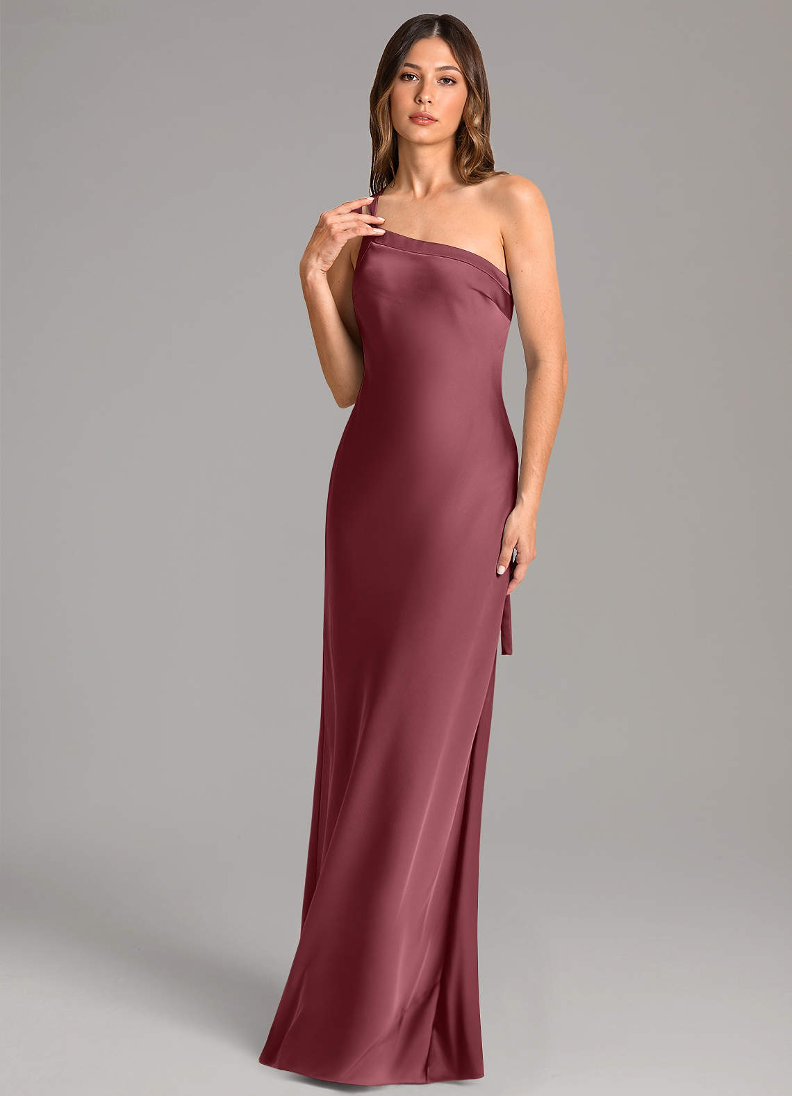 Azazie Monroe Bridesmaid Dresses Desert Rose Mermaid One Shoulder Stretch Satin Dress image1