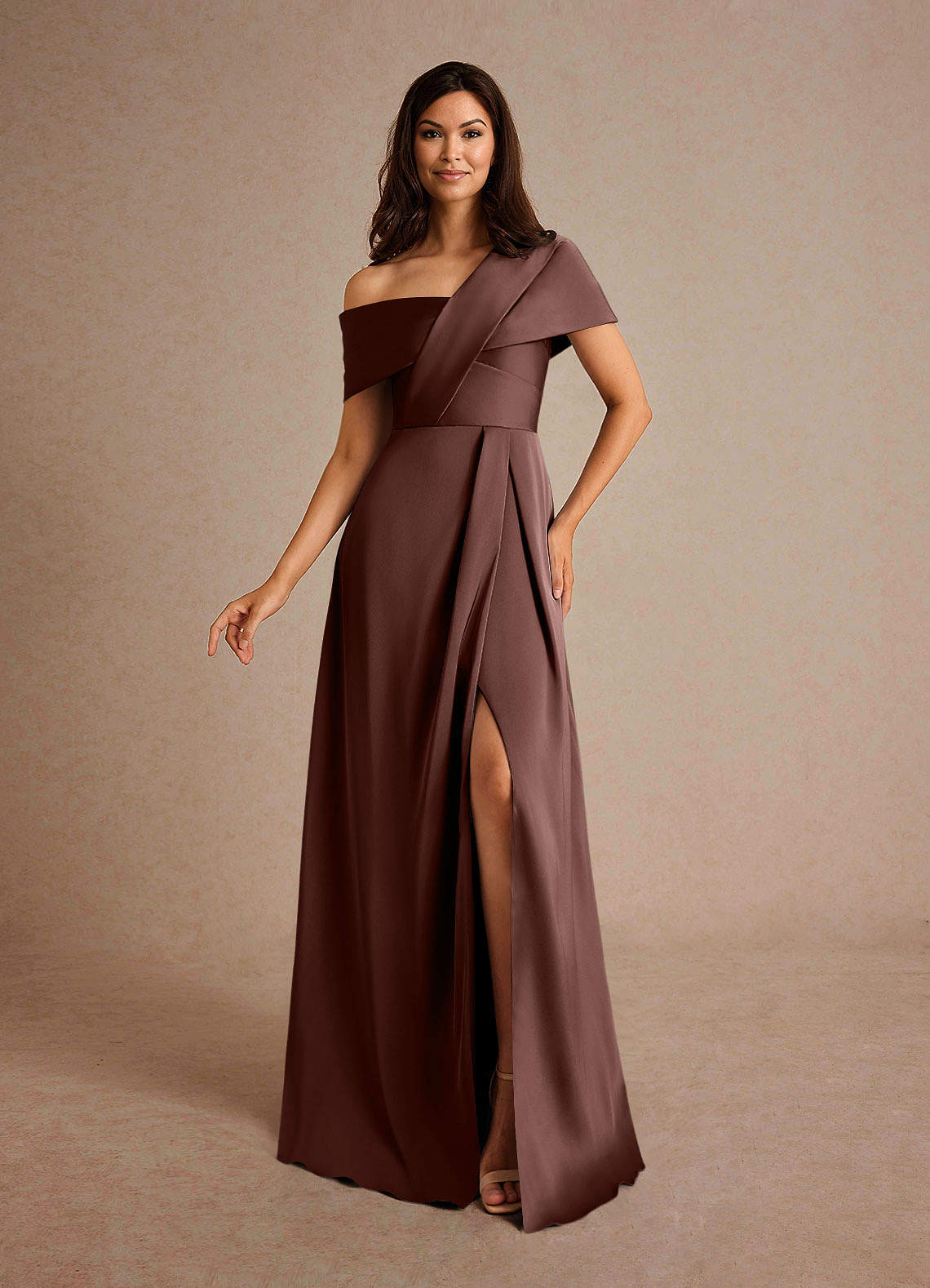 Azazie Milton Vestidos para mãe da noiva Vestido Café Expresso de Cetim elástico de Linha A com Plissado image1
