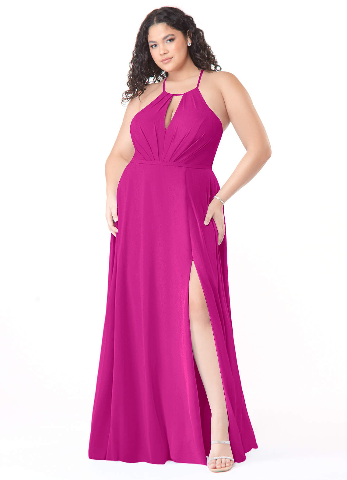 Azazie Evalleen Robes de demoiselle d'honneur Robe Trapèze en Mousseline de soie Plissée Fuchsia image8