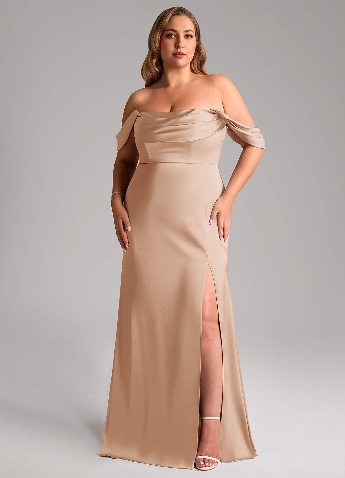 Azazie Saige Bridesmaid Dresses English Rose Sheath Off the Shoulder Stretch Satin Dress image10