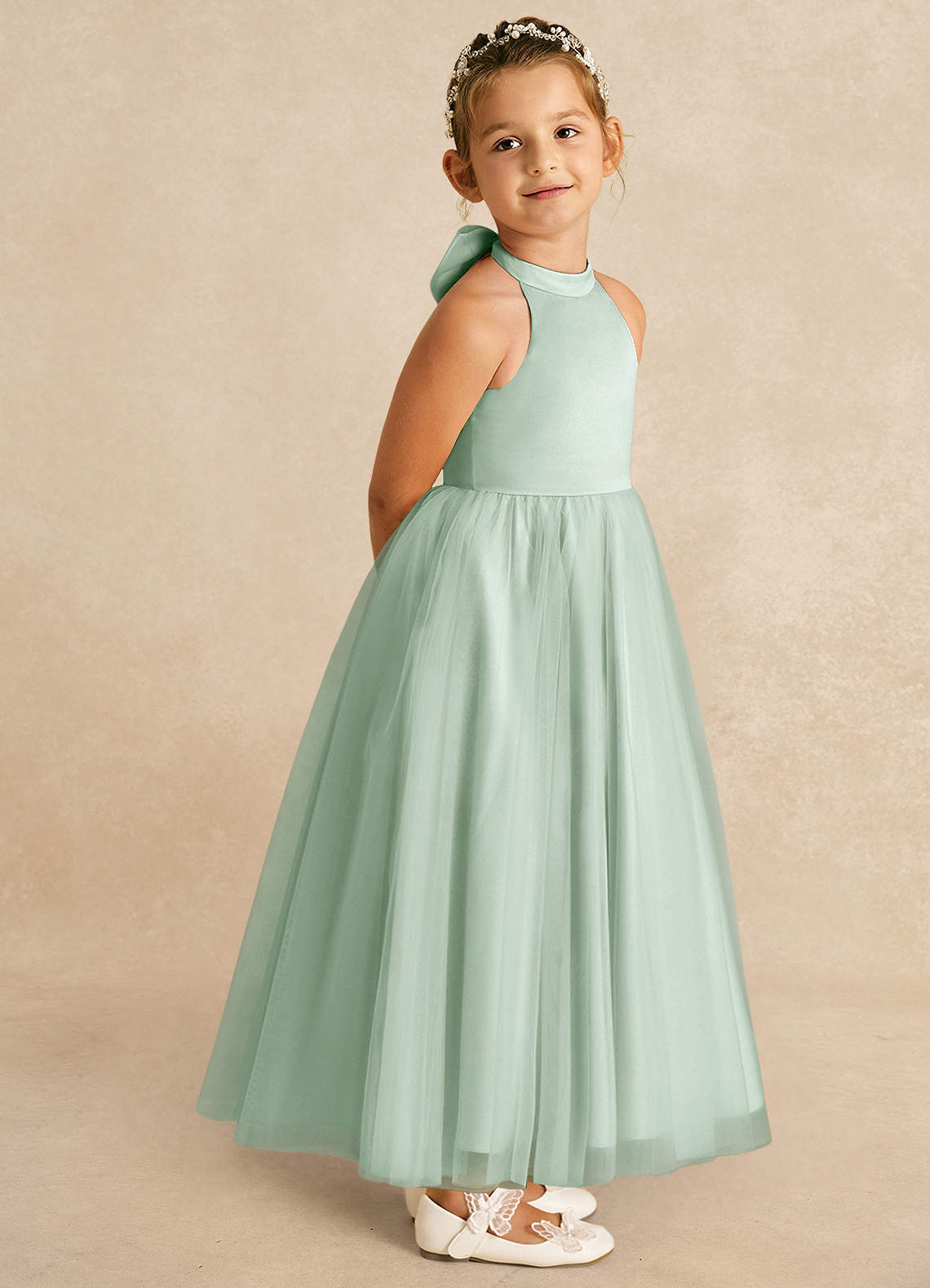 Azazie Bev Flower Girl Dresses Agave A-Line Convertible Tulle Dress image7