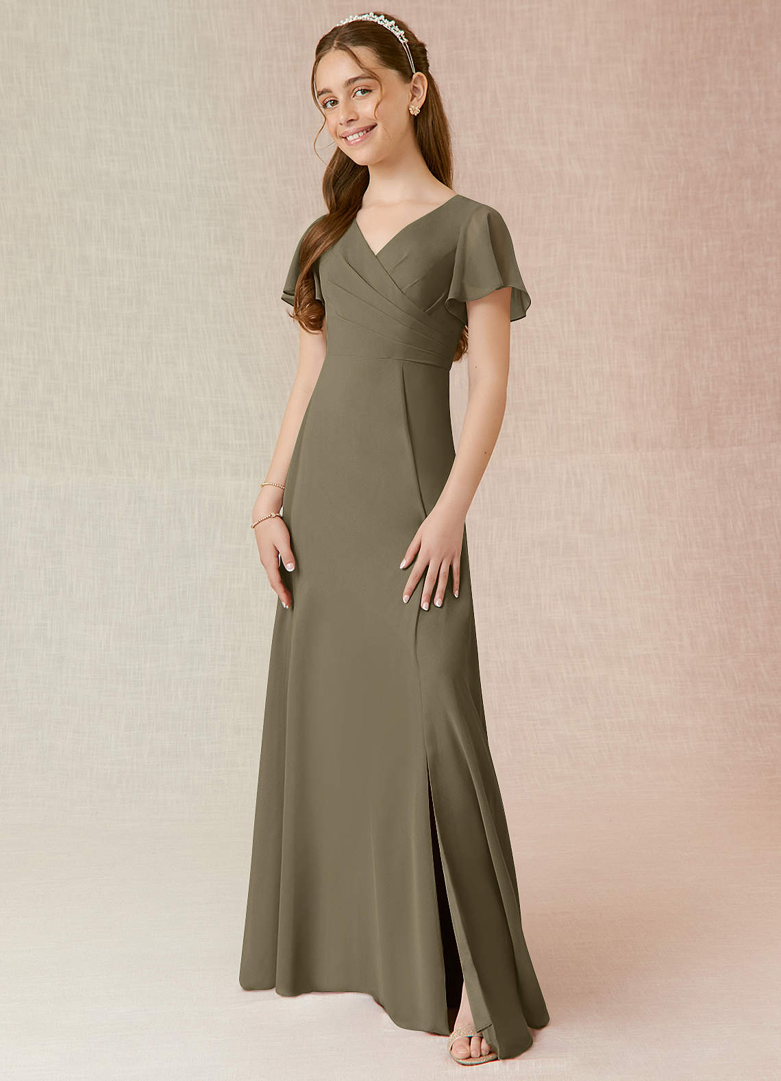 Azazie Induh Junior Willow Green A-Line Ruched Chiffon Dress image1