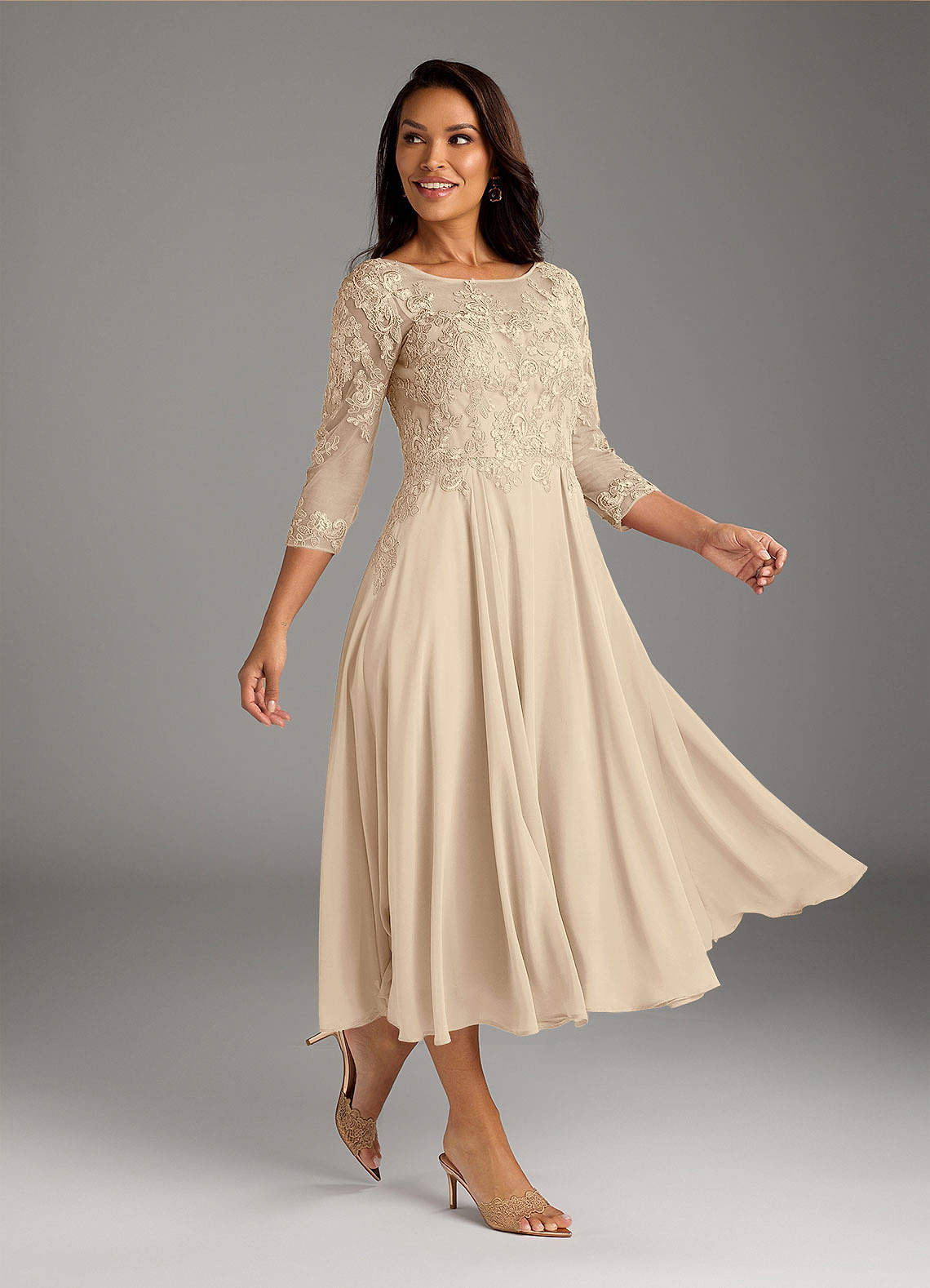Azazie Marge Champagne A-Line Scoop Lace Chiffon Dress | Azazie Azazie Marge Champagne A-Line Scoop Lace Chiffon Dress | Azazie