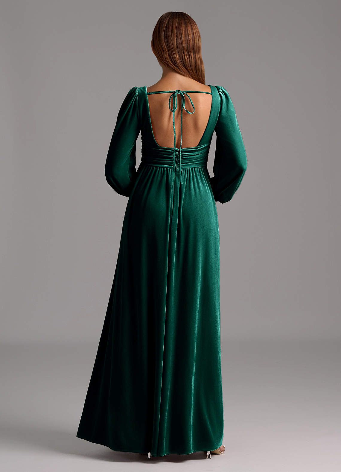 Azazie Norah Bridesmaid Dresses Emerald A-Line Long Sleeve Velvet Dress image1