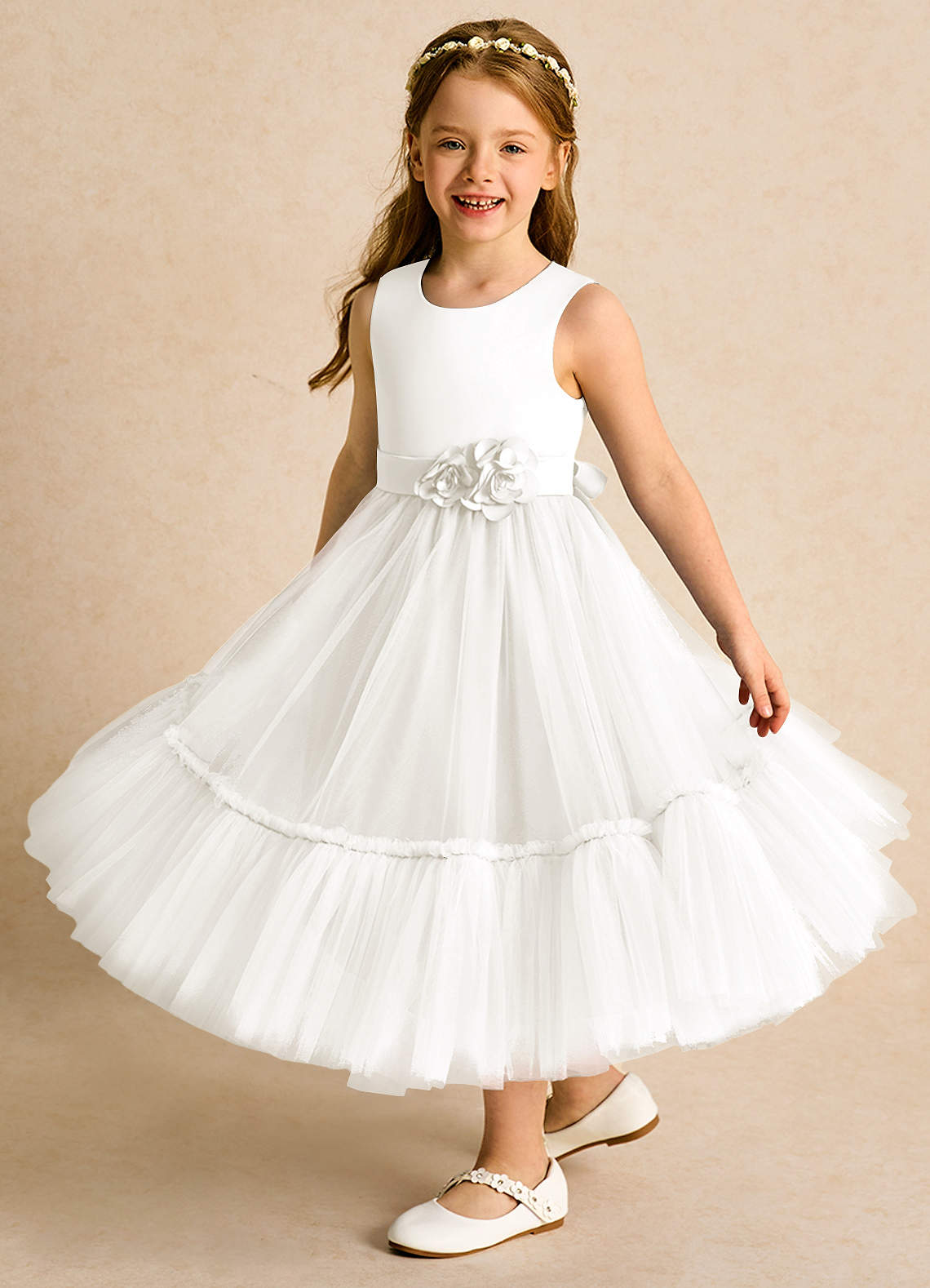Azazie Miracle Flower Girl Dresses Ivory A-Line Bow Matte Satin Dress image3