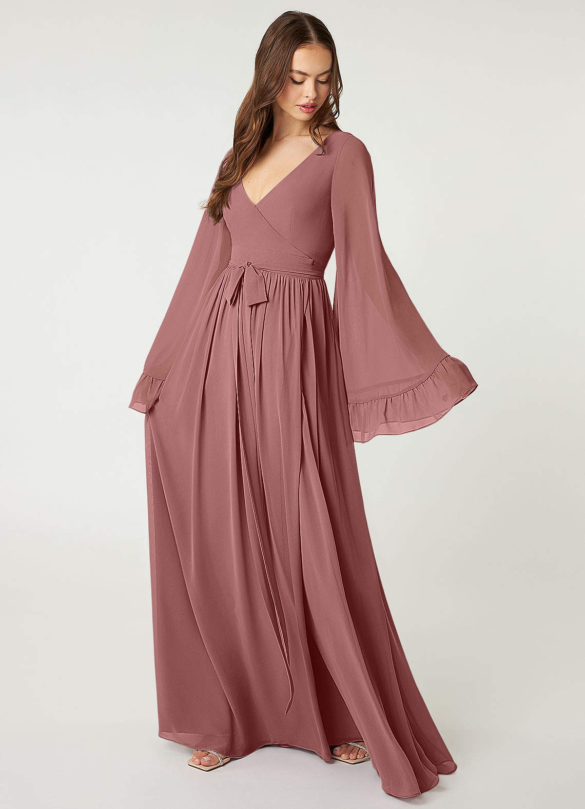 Azazie Tiphanie Bridesmaid Dresses Desert Rose A-Line V-Neck Ruched Chiffon Dress image1