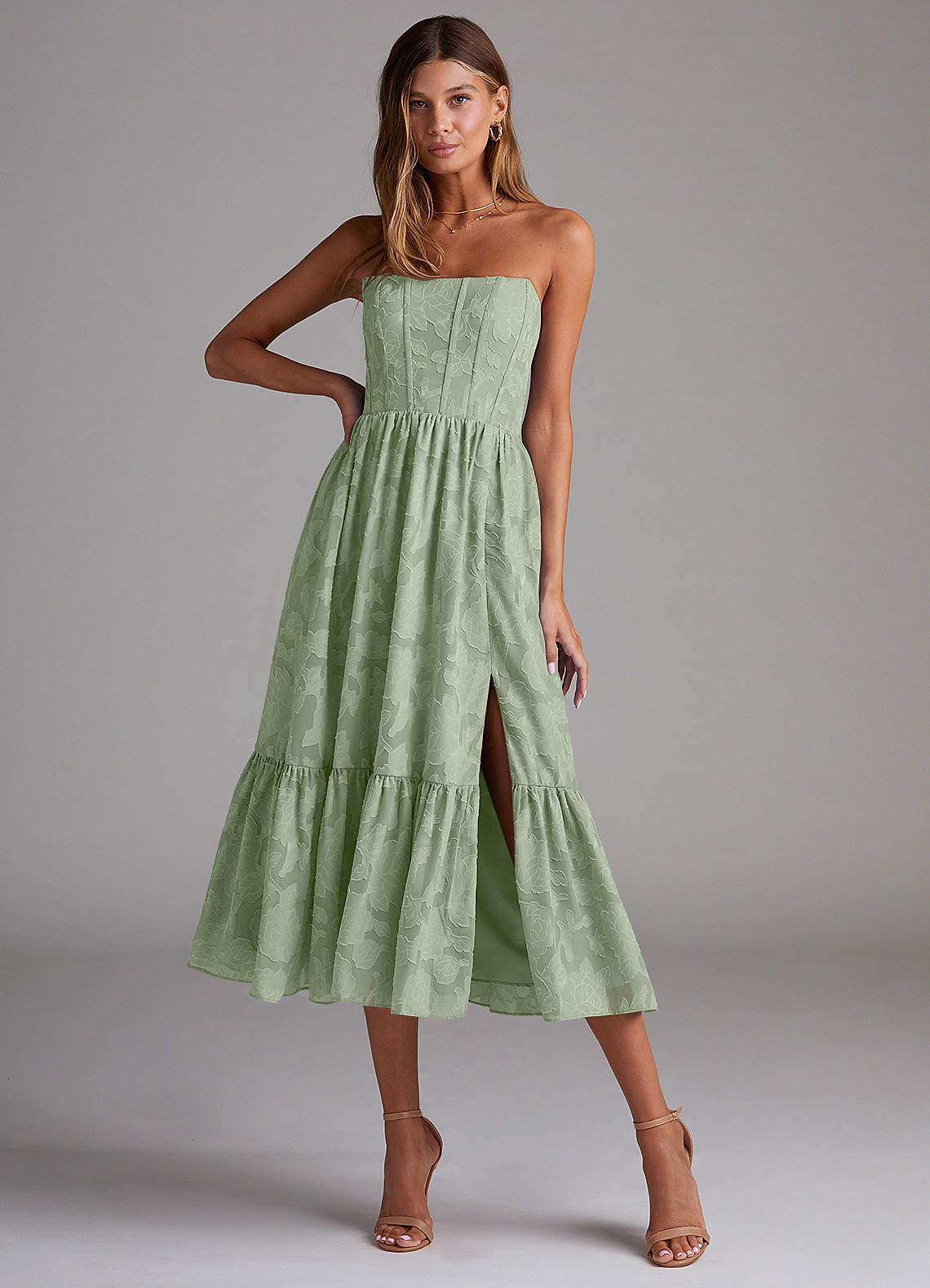 Azazie Delphina Bridesmaid Dresses Dusty Sage A-Line Strapless Floral Burnout Convertible Dress image1