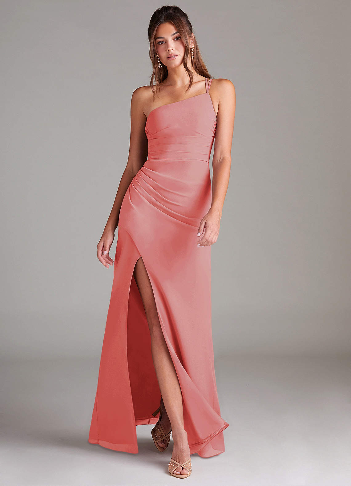 Azazie Eren Bridesmaid Dresses Coral Sheath One Shoulder Chiffon Dress image1
