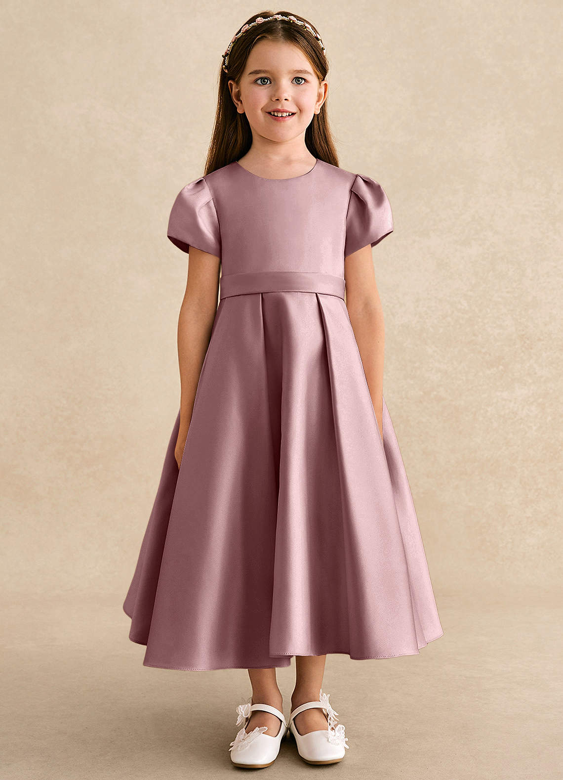 Azazie Princess Flower Girl Dresses Dusty Rose A-Line Pleated Matte Satin Dress image4