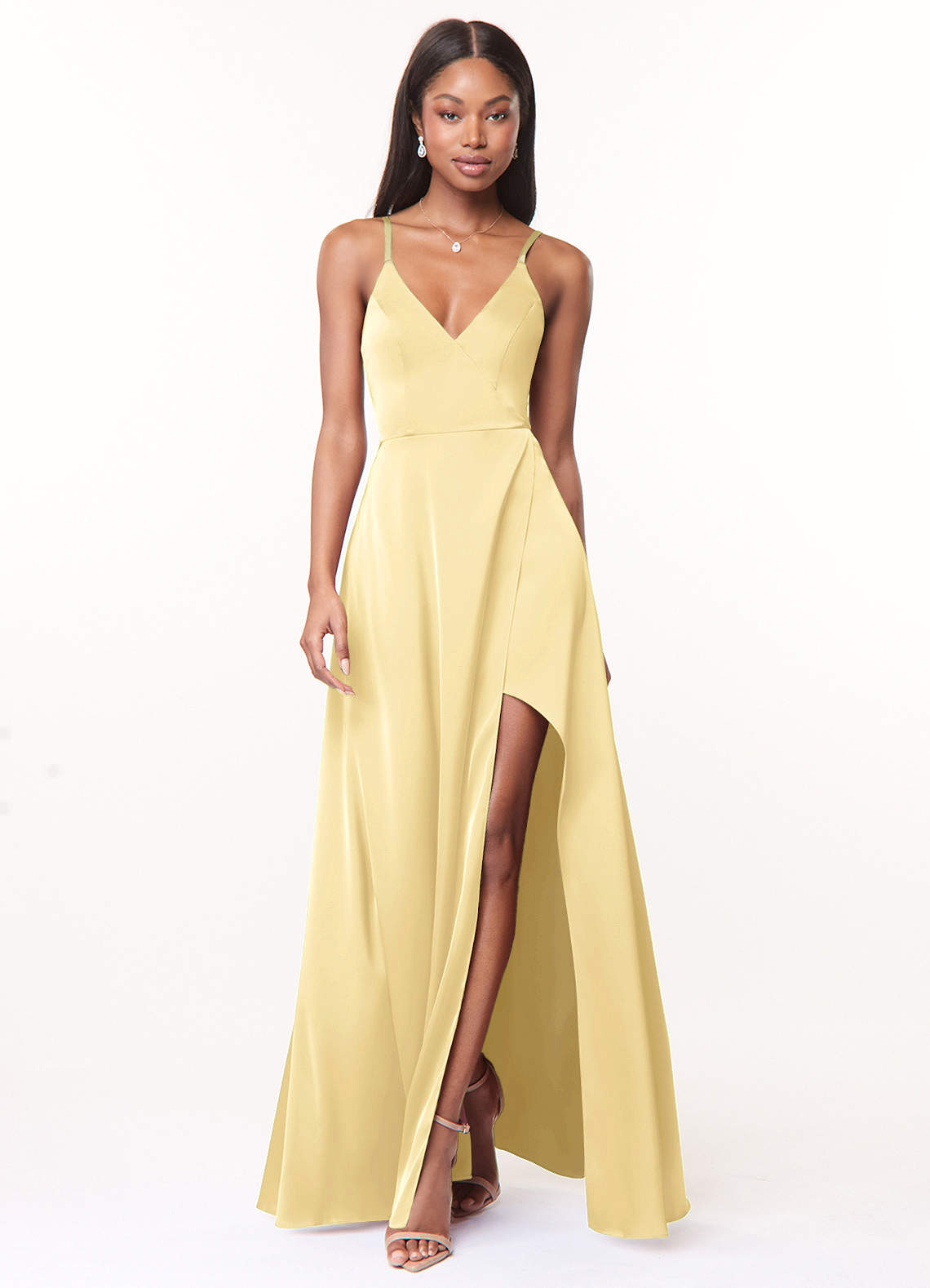 satin butter yellow bridesmaid dresses Light Yellow Satin Sheath Straight Across Bridesmaid Dresses With Slit, MBD253
