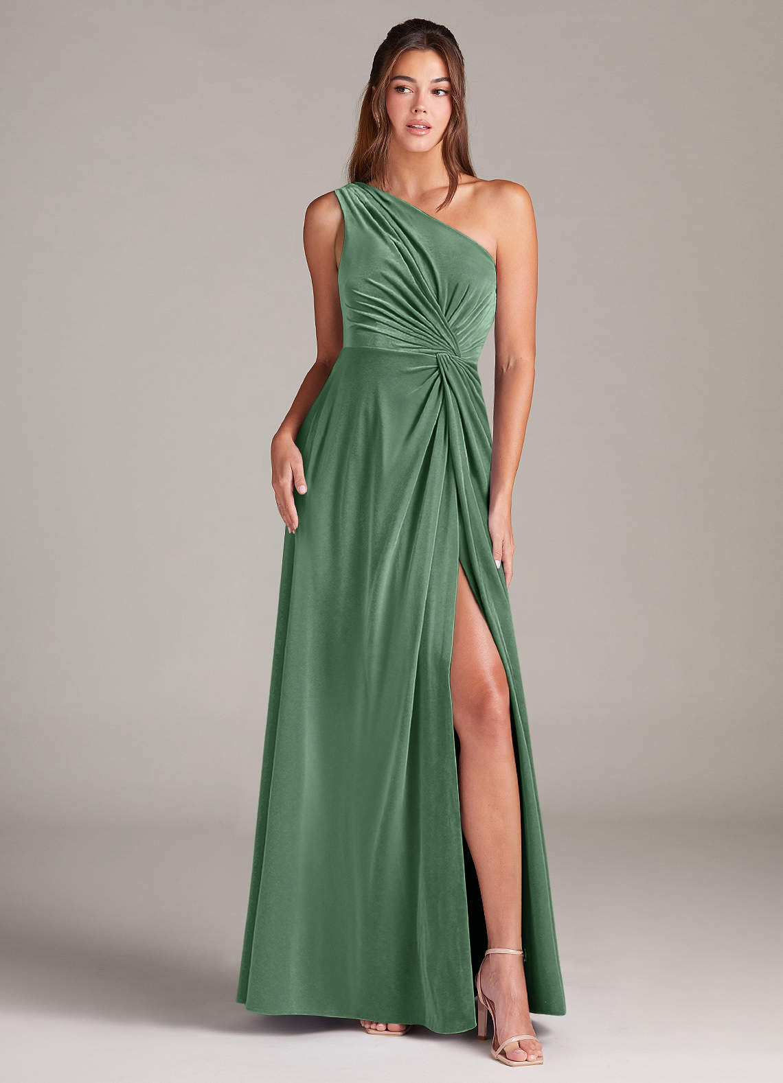 Azazie Brooke Jurken voor bruidsmeisjes Jurk van flueel met A-Lijn One-Shoulder Eucalyptus image1