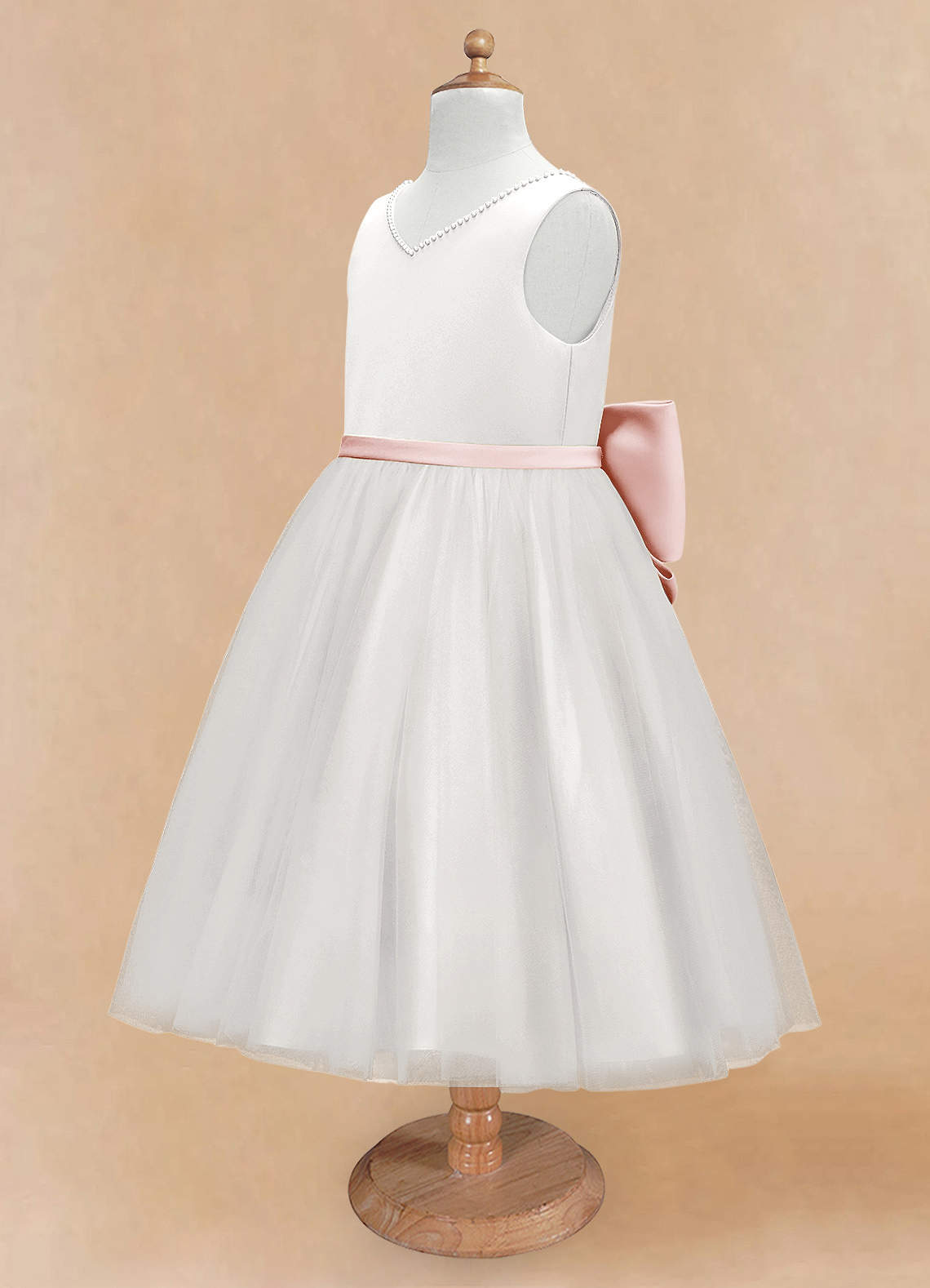 Azazie Seline Flower Girl Dresses Ivory Blushing Pink A-Line Bow Tulle Dress image7