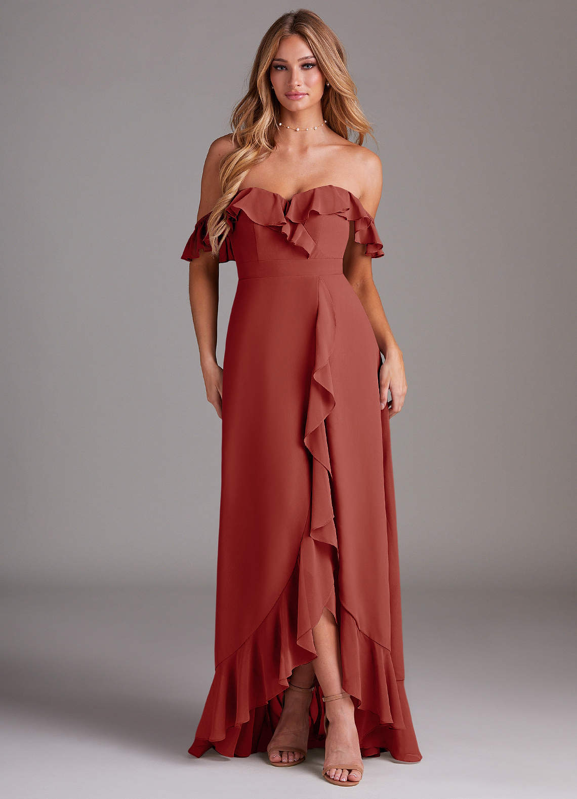 Azazie Lyra Robes de demoiselle d'honneur Robe Trapèze Convertible en Mousseline de soie Terracotta image1