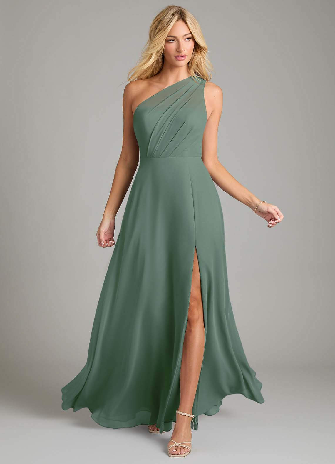 Azazie Phaedra Bridesmaid Dresses Eucalyptus A-Line One Shoulder Chiffon Dress image3