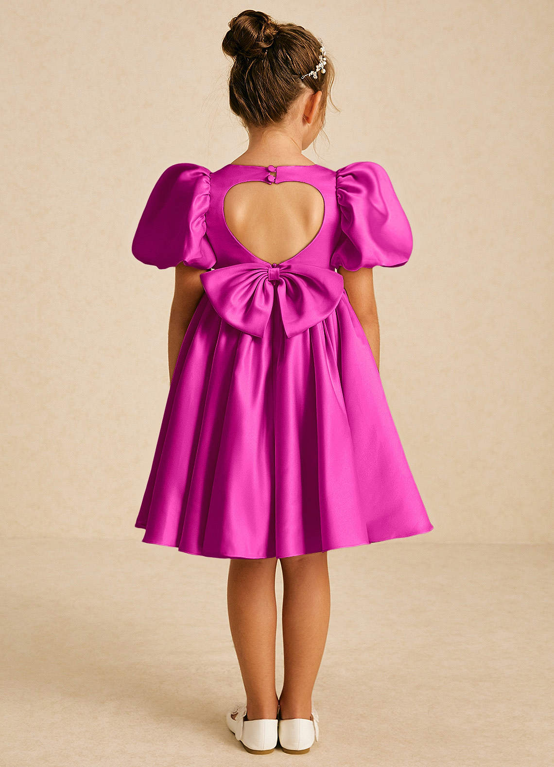 Azazie Muffin Robe Demoiselle D'honneur Fillette Robe Trapèze en Mat Satiné avec manches Fuchsia image1