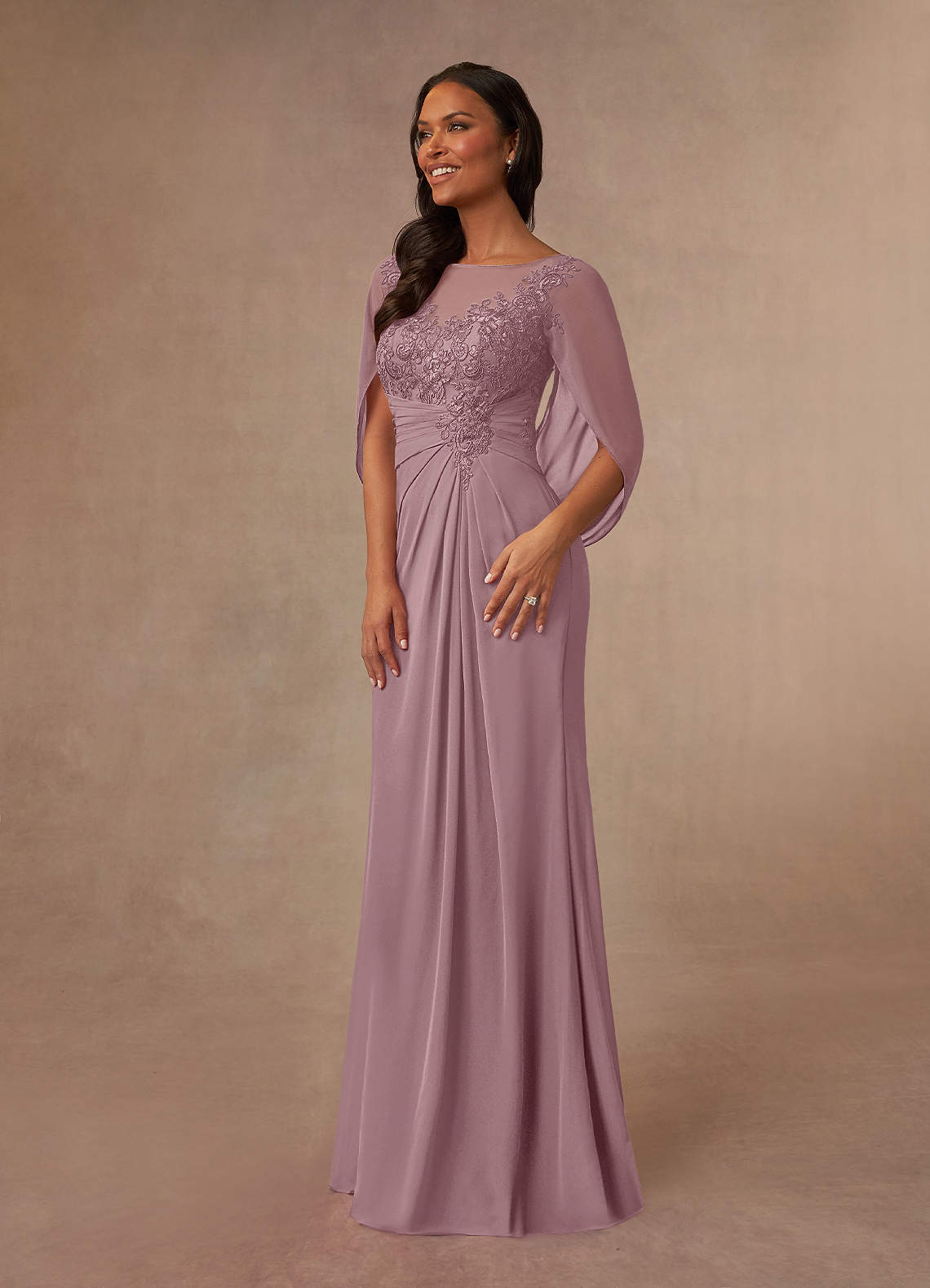 Azazie Hera Mother of the Bride Dresses Dusty Rose A-Line Lace Capelet Chiffon Dress image1
