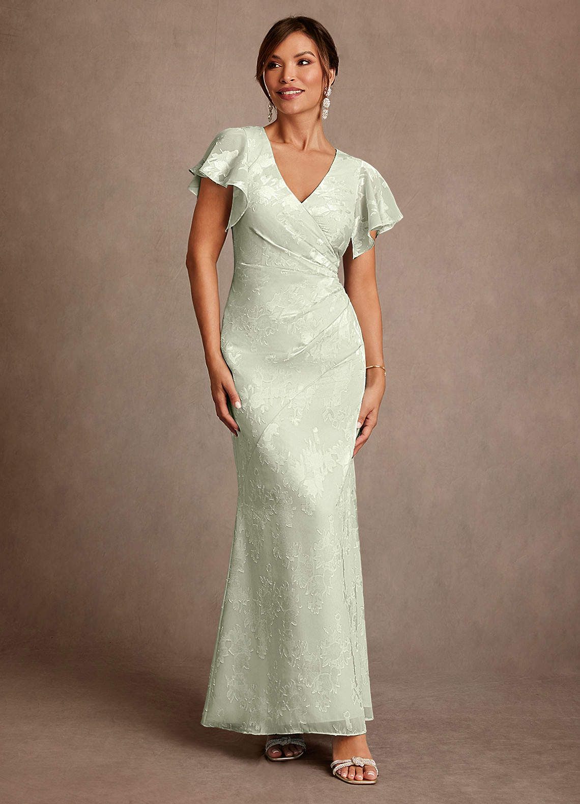 Azazie Dorina Dusty Sage Sheath Pleated Floral Jacquard Dress