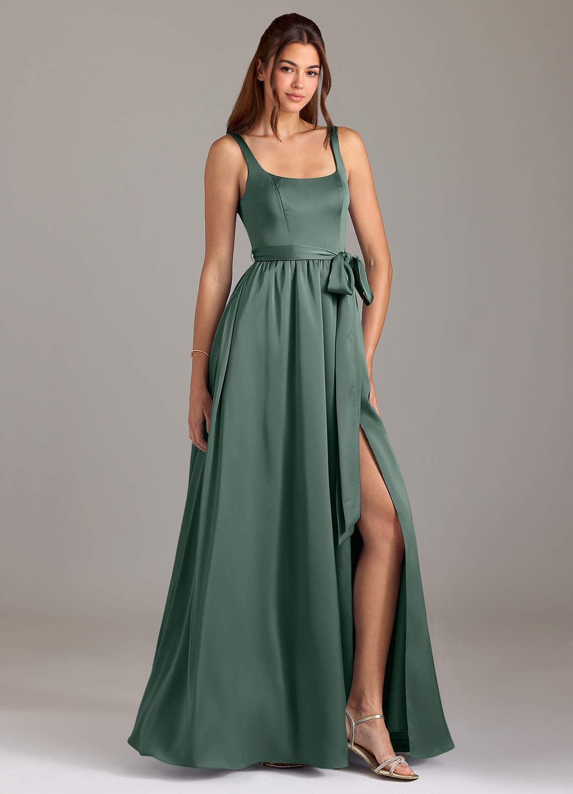 Azazie Elliott Bridesmaid Dresses Sea Moss A-Line with Pockets Stretch Satin Dress image1
