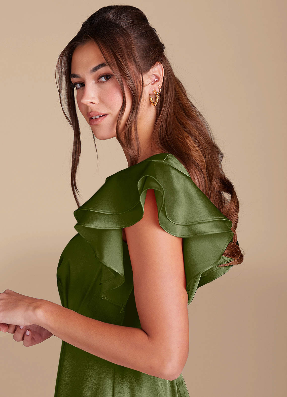 Azazie Daphne Modest Bridesmaid Dresses A-Line Ruched Metallic Satin Floor-Length Dress image4