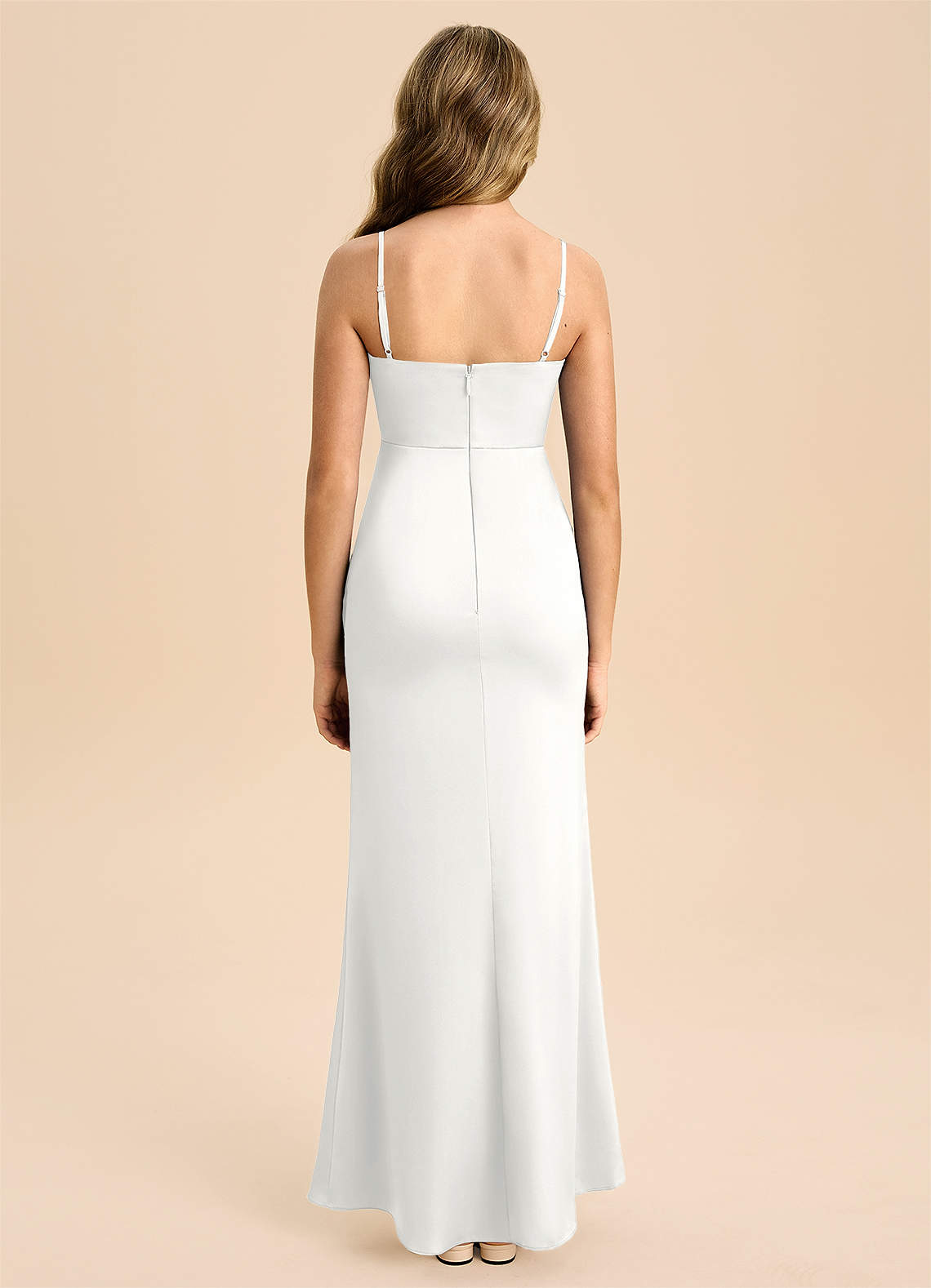 Azazie Buzzy Junior White Sheath Pleated Stretch Satin Dress image1