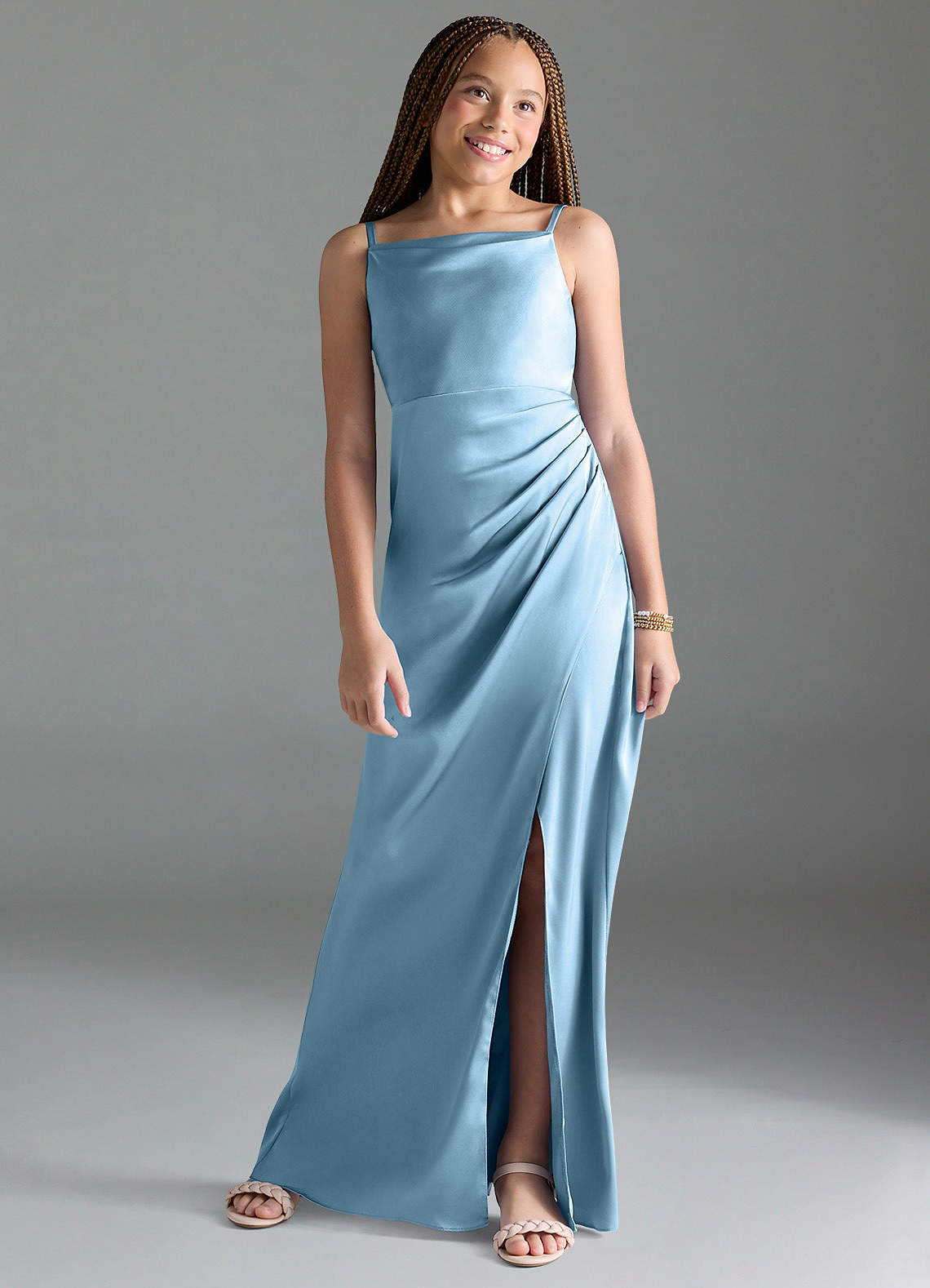 Azazie Leonis Junior Steel Blue A-Line Pleated Stretch Satin Dress image1