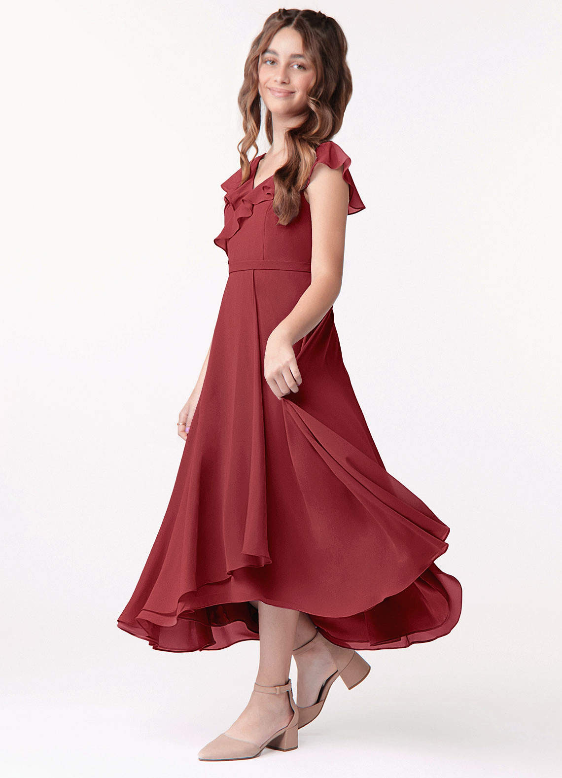 Azazie Posie Junior A-Linie Gestreift Chiffon Kleid Granatapfelrot image1