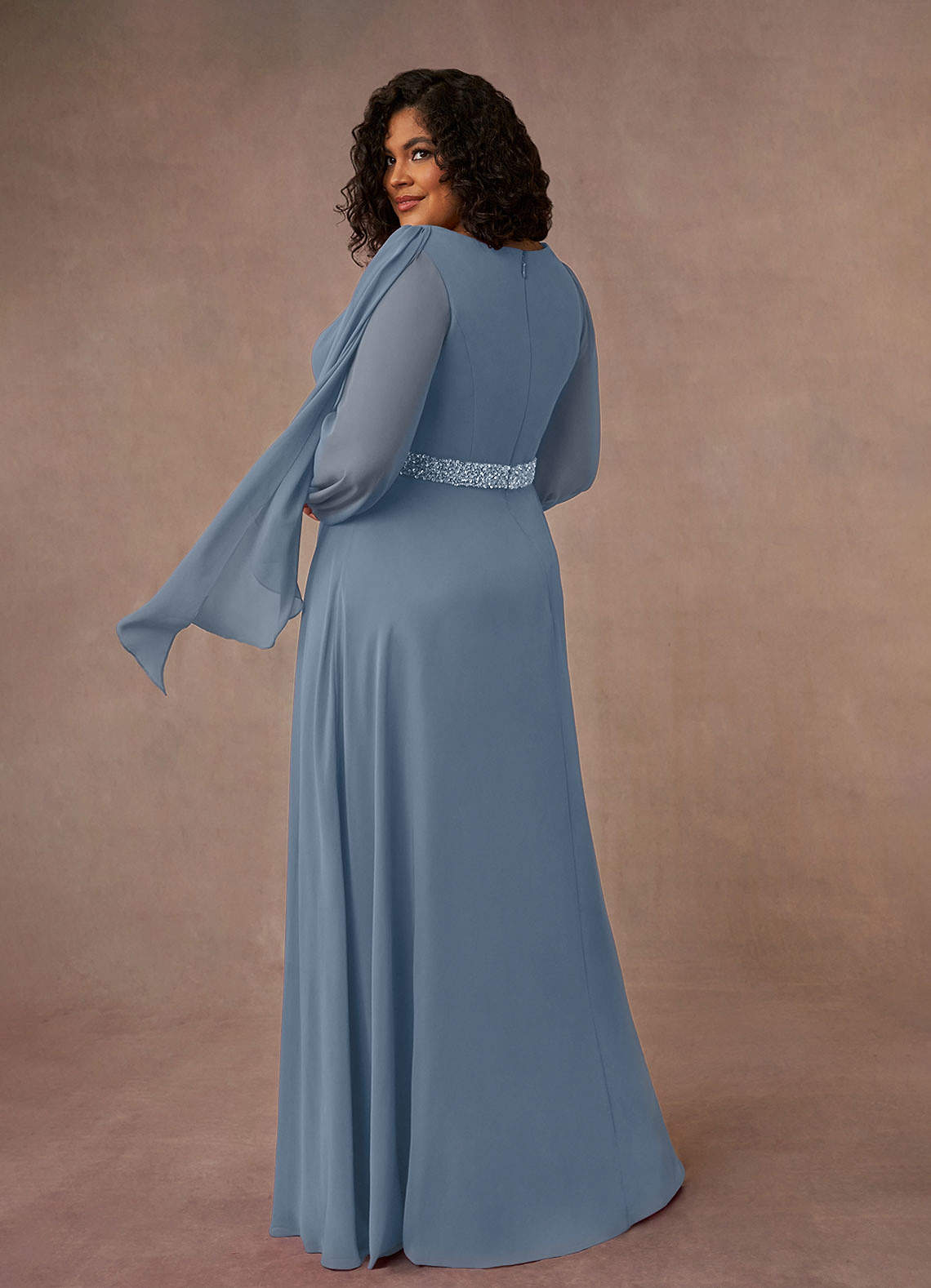 Azazie Priyanka Dusty Blue A-Line Boatneck Pleated Chiffon Dress