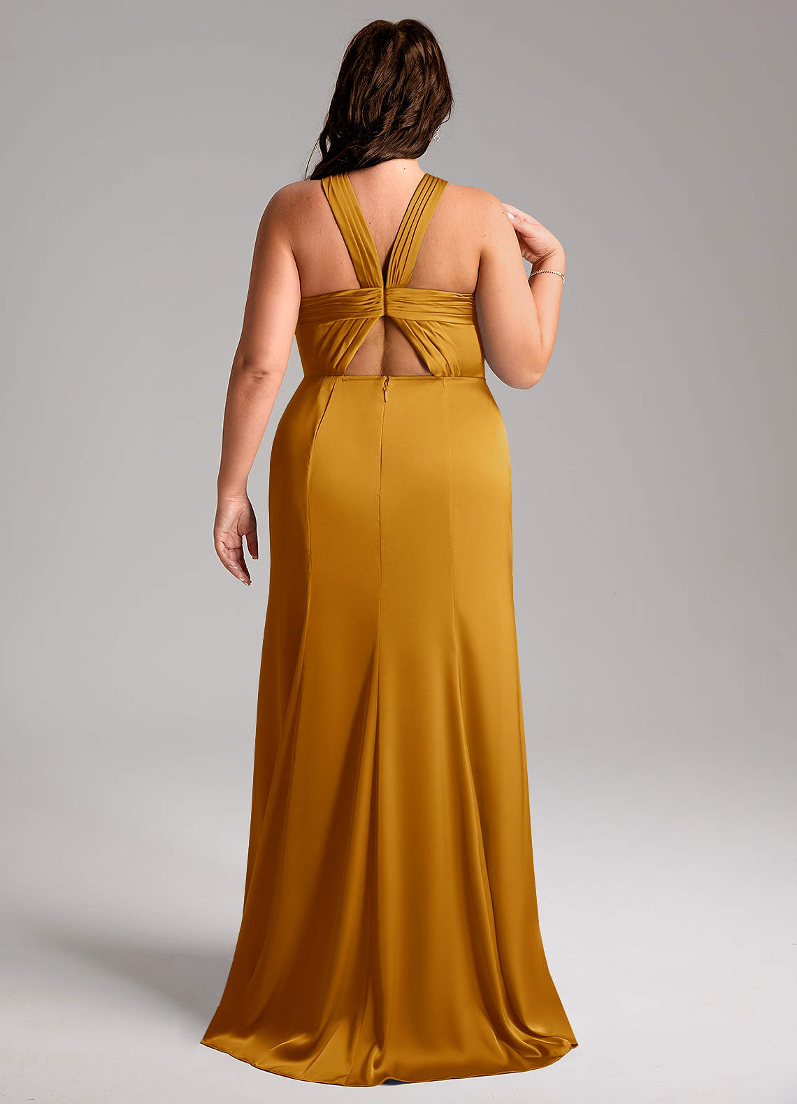 Azazie Rue Bridesmaid Dresses Butterscotch Mermaid Pleated Stretch Satin Dress image8