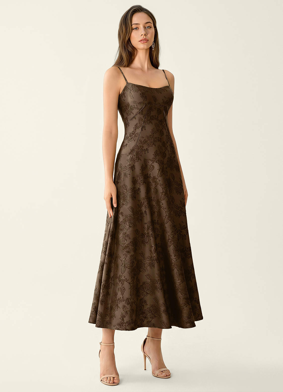 Anastasia Coffee Brown Jacquard Lace Up Wedding Guest Ready to Ship Prom and Homecoming Dresses