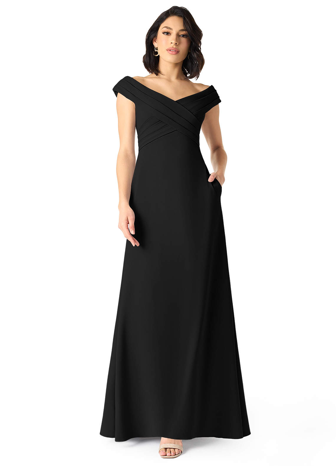 Azazie Evita Bridesmaid Dresses Black A-Line Off the Shoulder Stretch Crepe Dress image1
