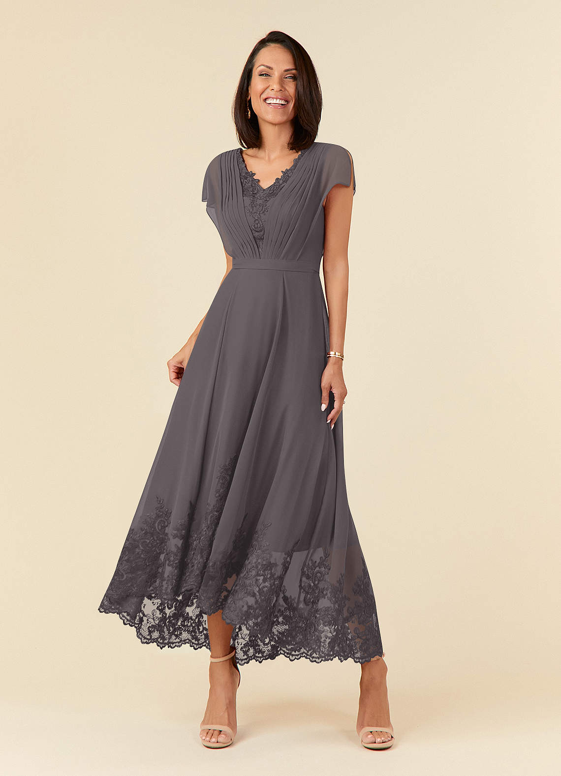 Azazie Palana Mother of the Bride Dresses Steel Grey A-Line Lace Chiffon Dress image1