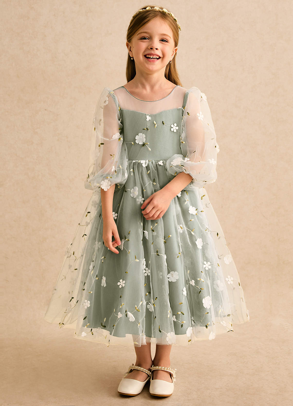 Azazie Elowen Flower Girl Dresses Pistachio A-Line Sweetheart Neckline Lace Dress image4