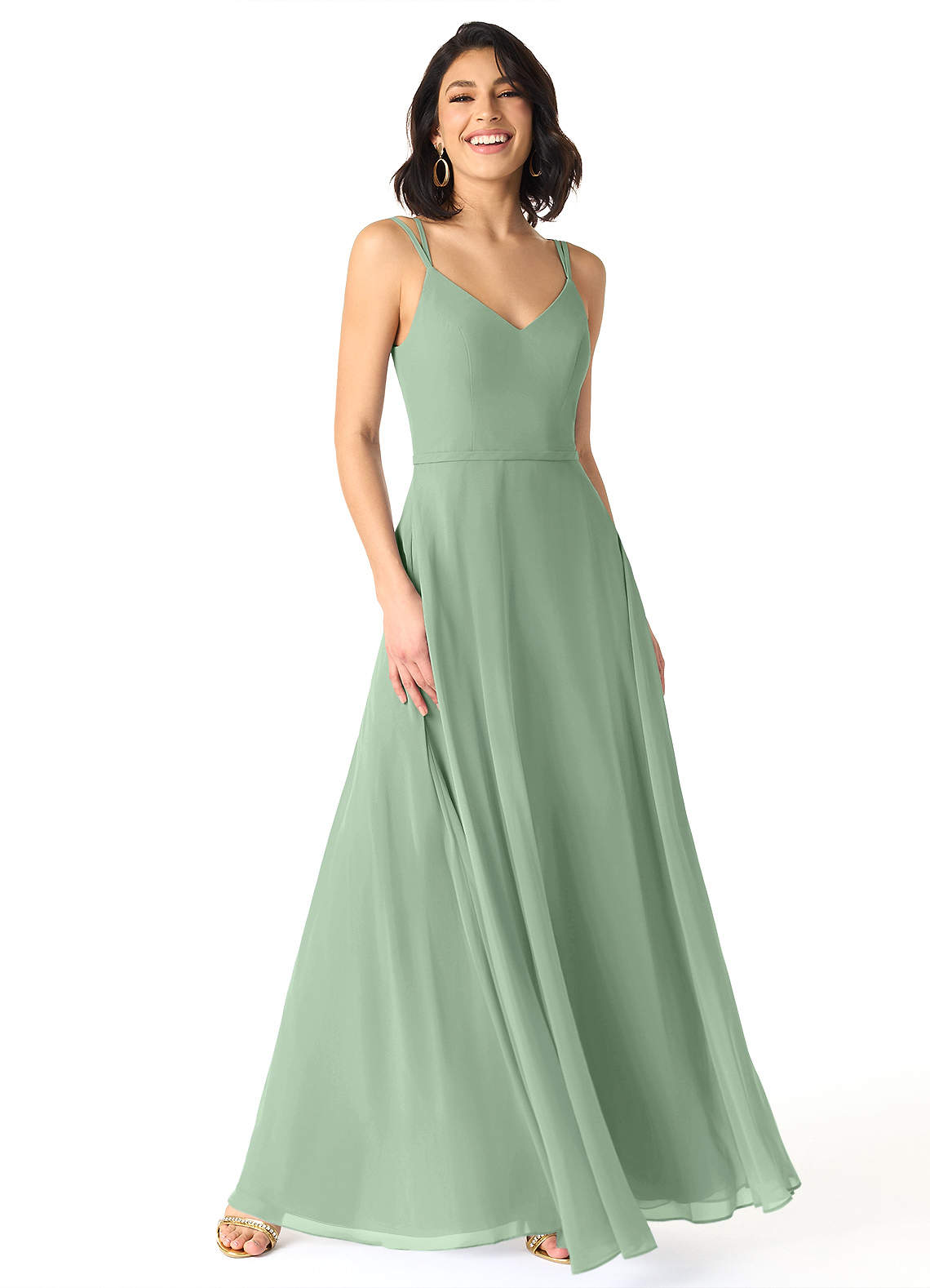 Azazie Janine Brautjungfernkleider A-Linie V-Hals Chiffon Kleid Matcha image1