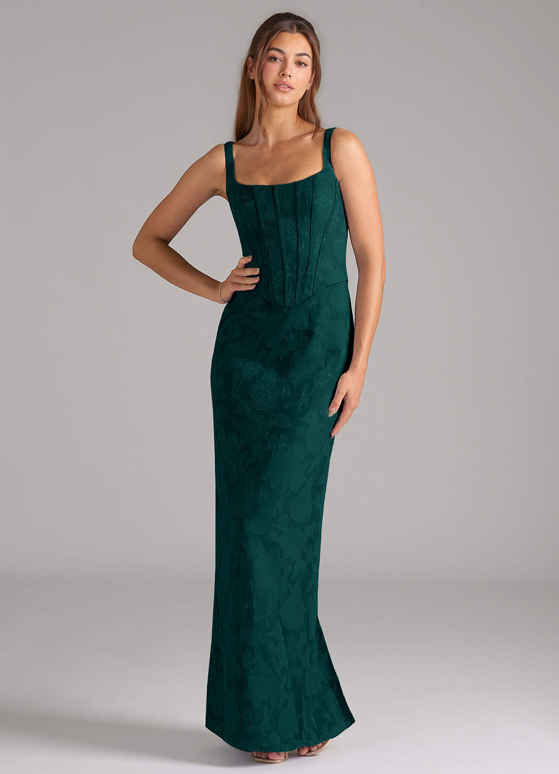 Azazie Kenna Bridesmaid Dresses Pine Sheath Side Slit Floral Burnout Dress image1
