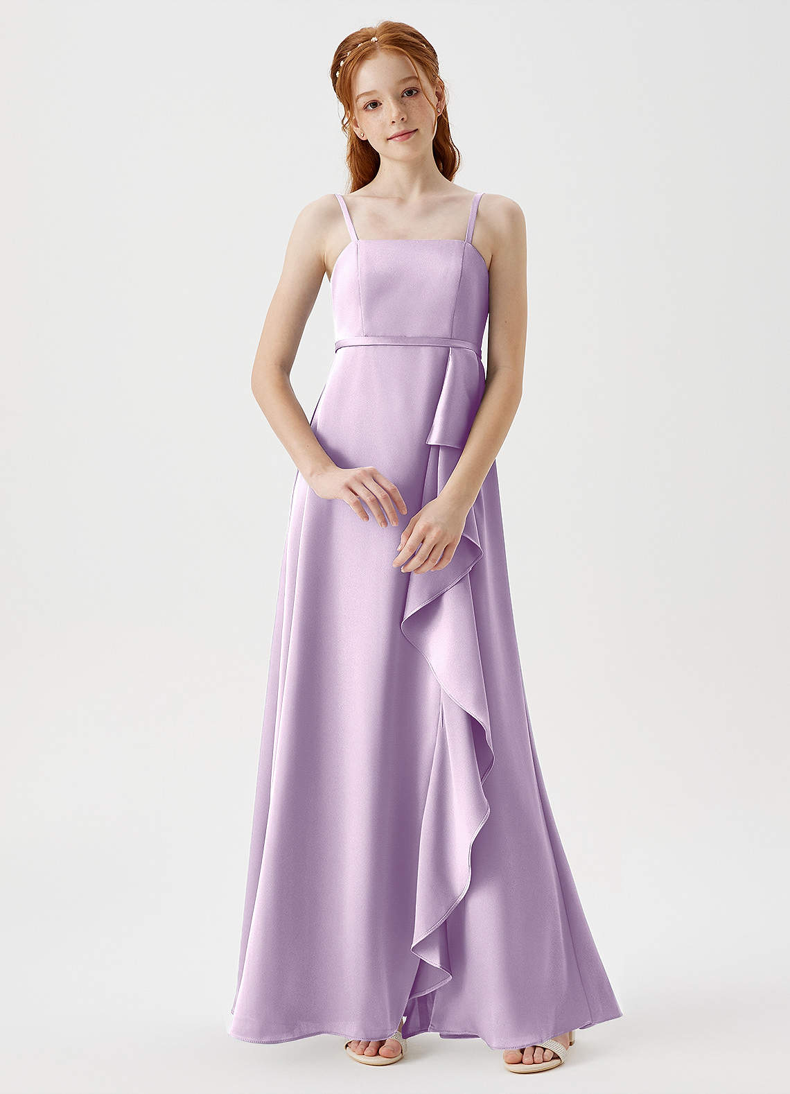 Azazie Kaylee Junior Robe Trapèze en Satin extensible avec ceinture Frostiges Flieder image1