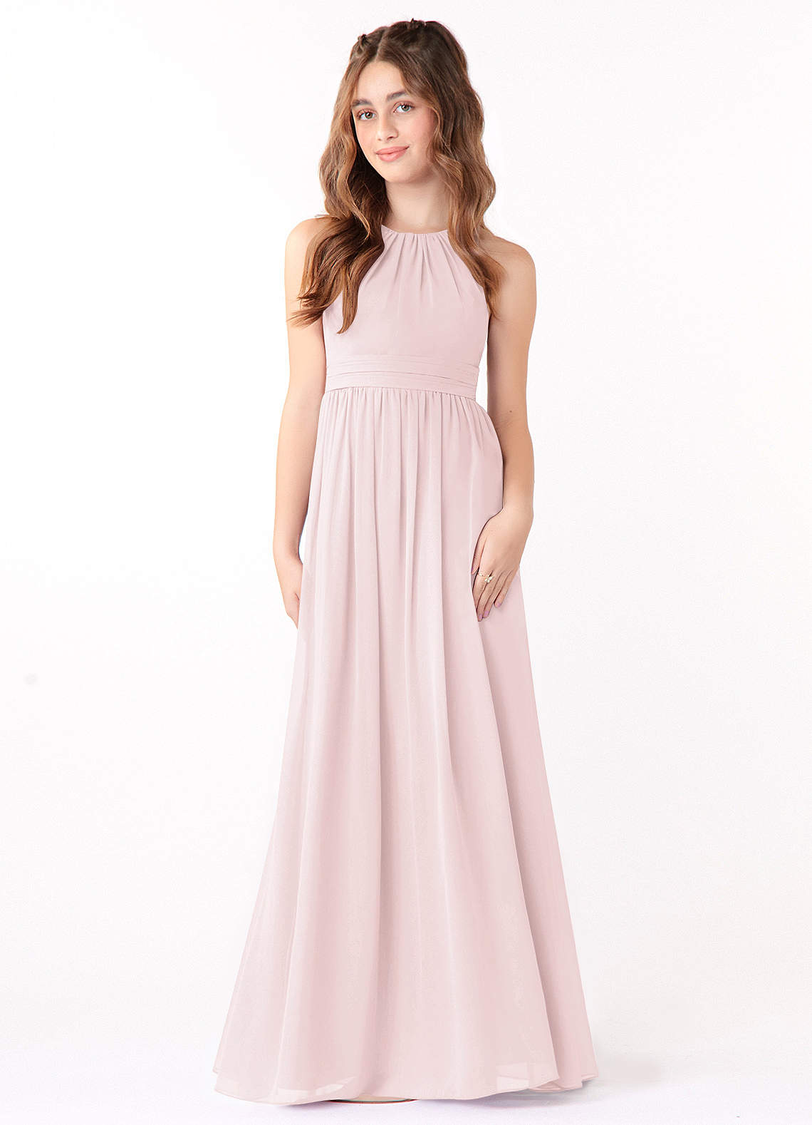 Azazie Jaylah Junior Blushing Pink A-Line Ruched Chiffon Dress image1