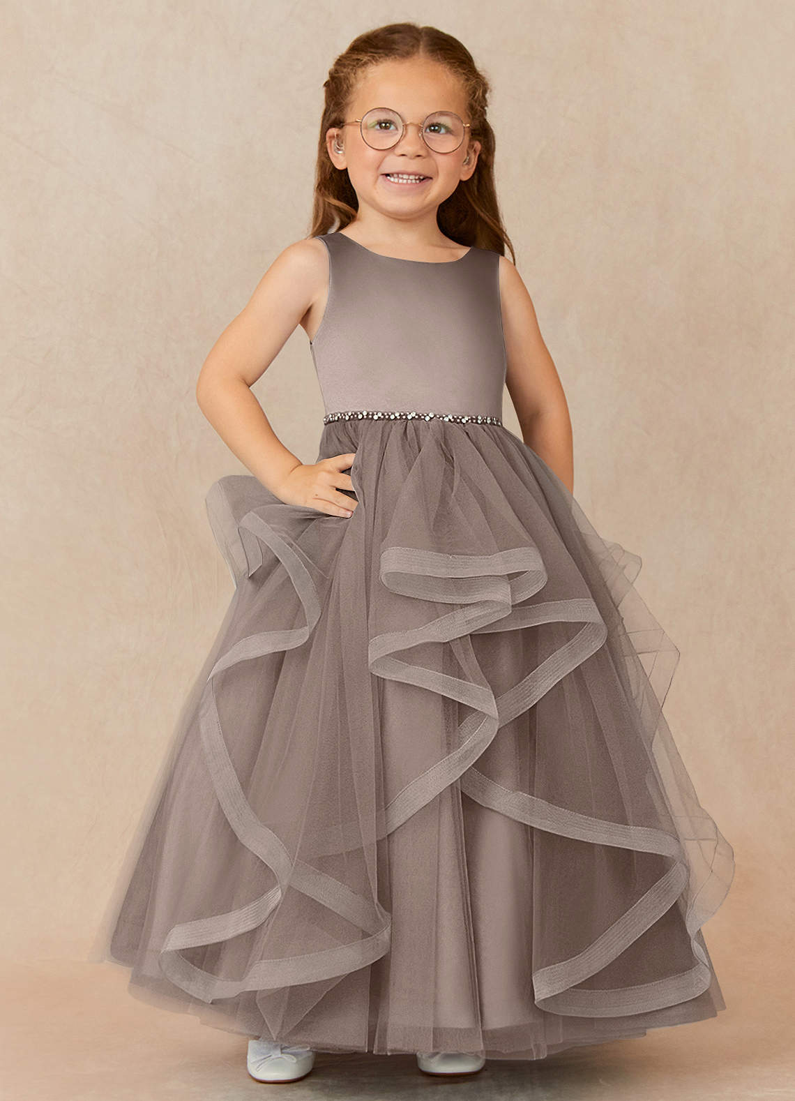 Azazie Sofia Flower Girl Dresses Taupe A-Line Beaded Tulle Dress image1