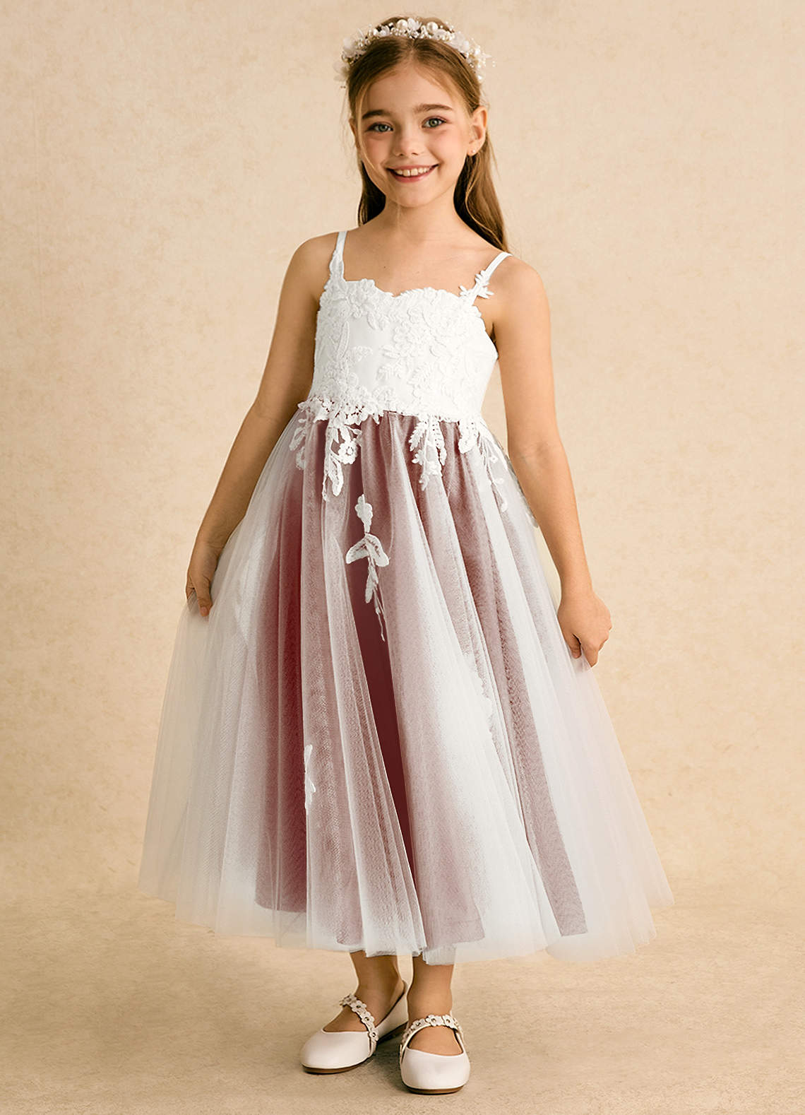 Azazie Coraline Flower Girl Dresses Ivory Auburn A-Line Lace Dress image1