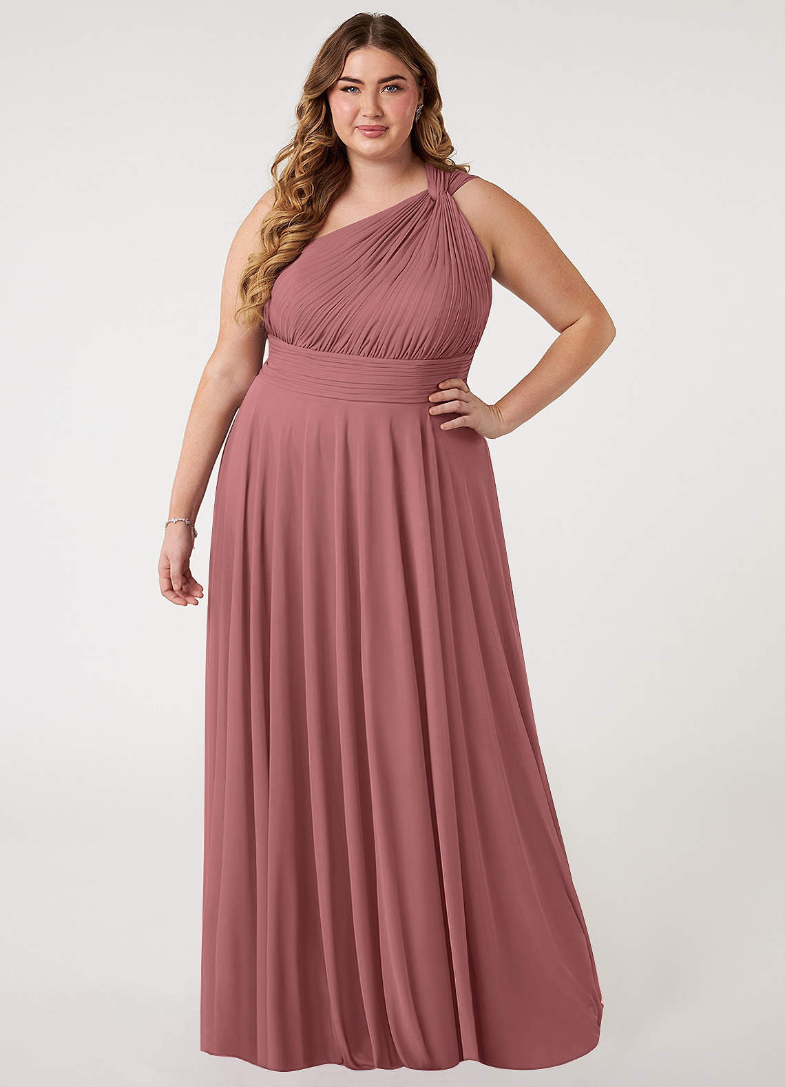 Azazie Charlize Bridesmaid Dresses Desert Rose A-Line One Shoulder Mesh Dress image1