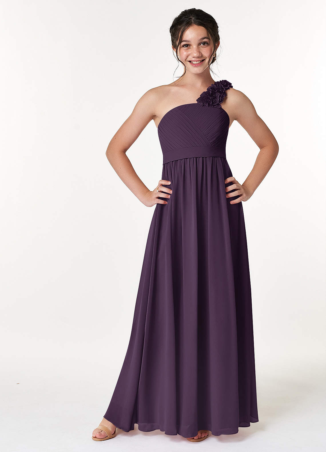 Azazie Flower Junior Plum A-Line Pleated Chiffon Dress image1