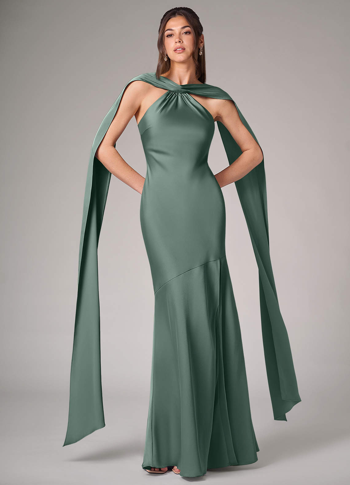 Azazie Kinsley Brautjungfernkleider Meerjungfrau-Linie Seitliche Cut-Outs Stretch-Satin Kleid Eukalyptus image1