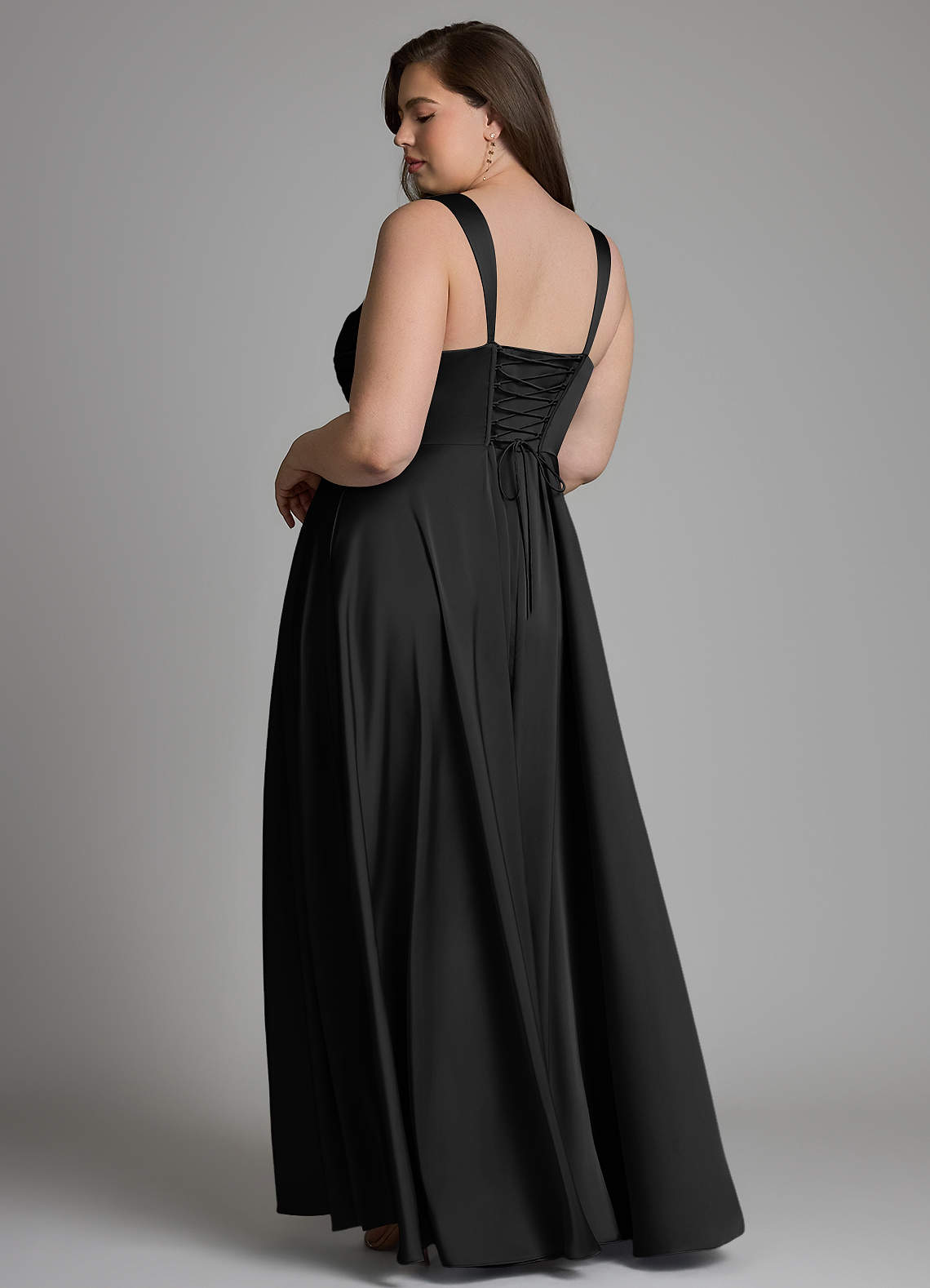 Azazie Azaria At-home Try On Dresses Black A-Line Corset Stretch Satin Dress image7